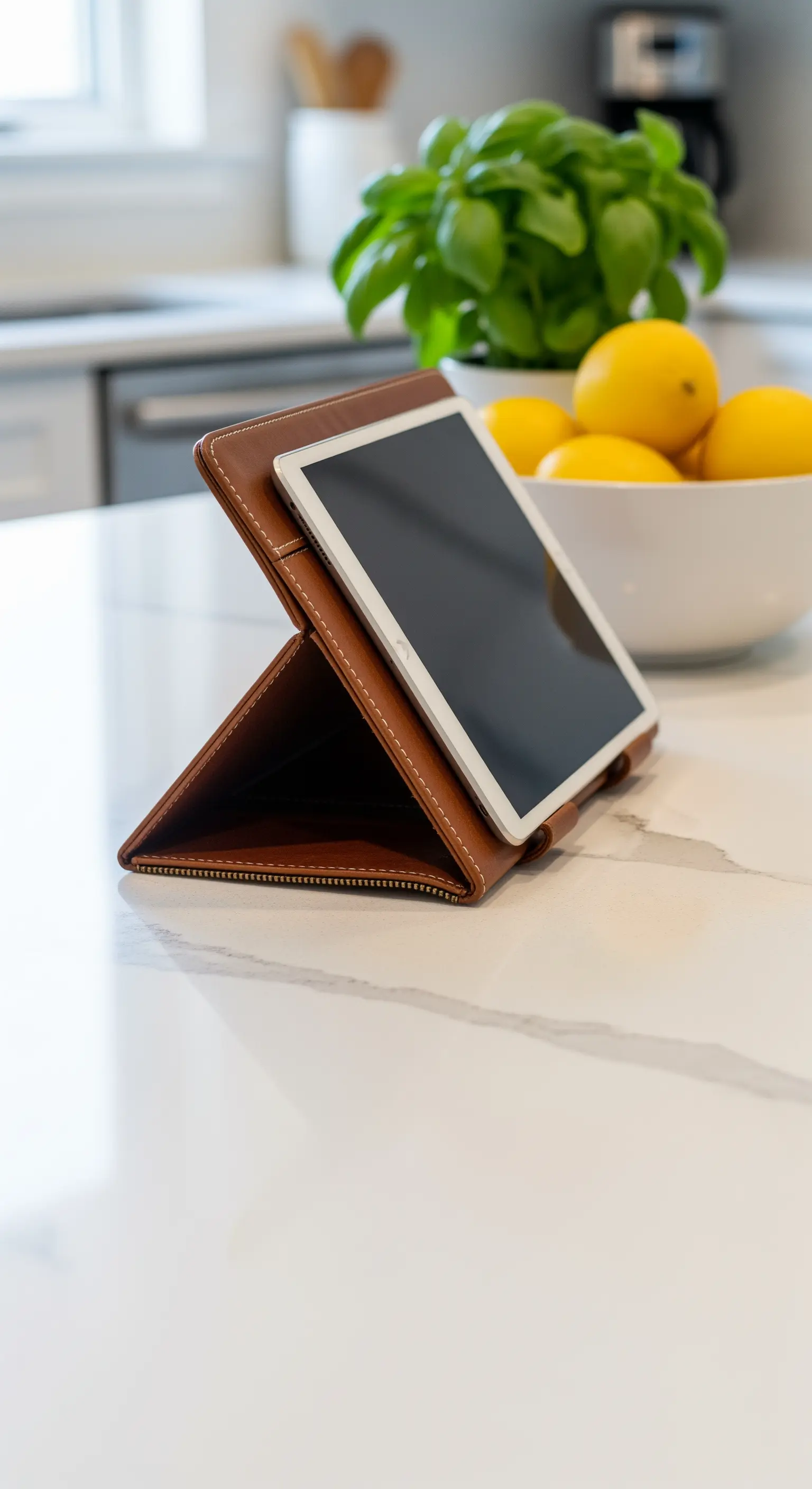 Supporto per tablet in pelle marrone a forma di prisma triangolare su un piano in marmo.