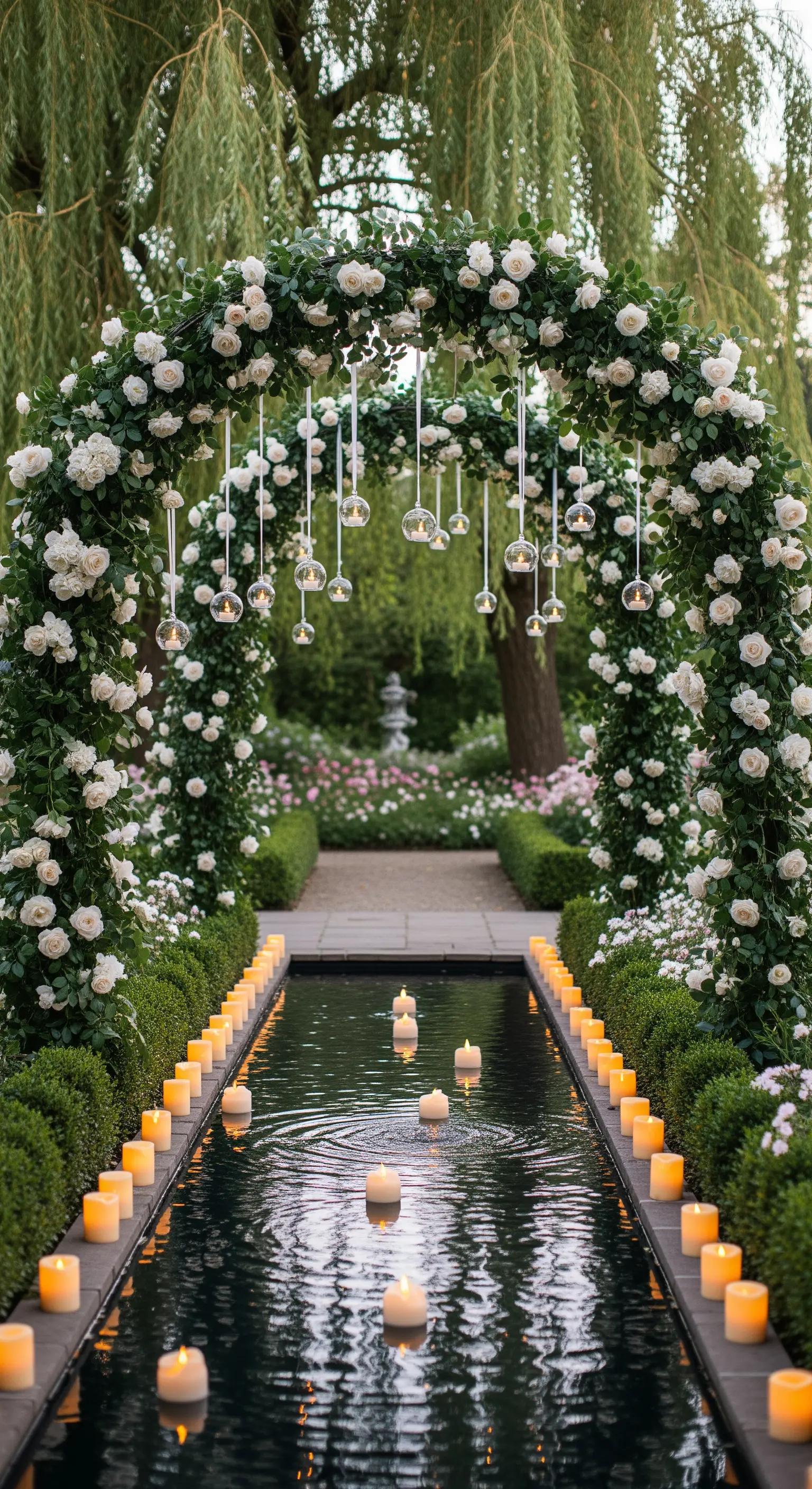Arco di rose bianche sopra un canale d'acqua, con candele galleggianti e lungo i bordi.