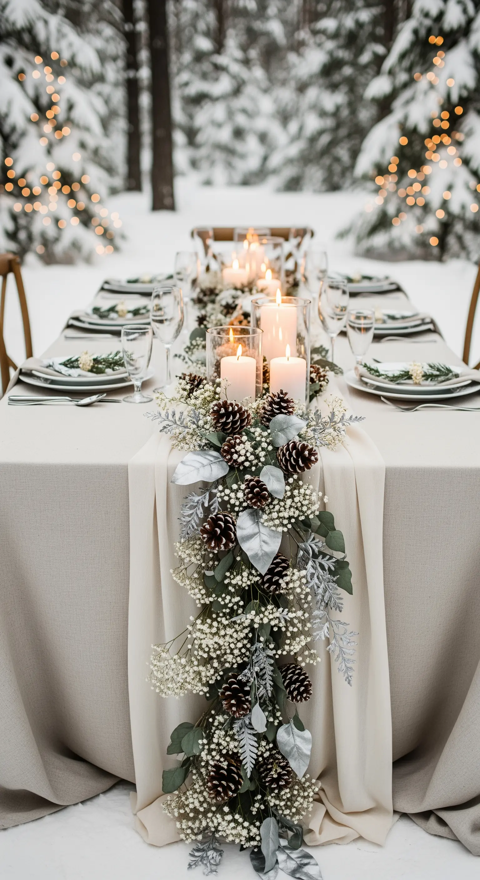 Tavolo invernale nella neve con runner di pigne, eucalipto argentato e candele.