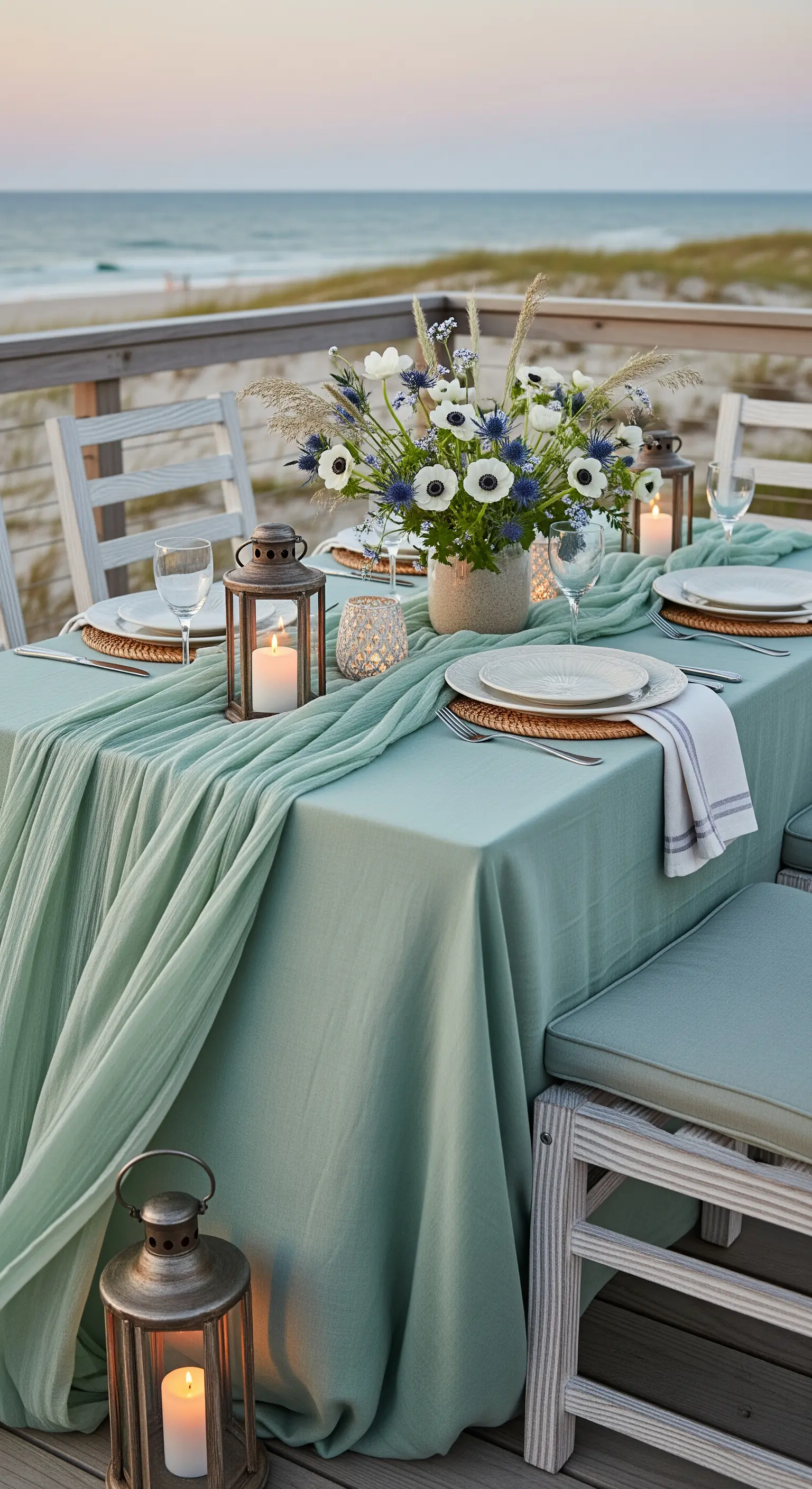 Tavola sulla spiaggia con tovaglia verde salvia, lanterne e un bouquet di fiori di campo bianchi.