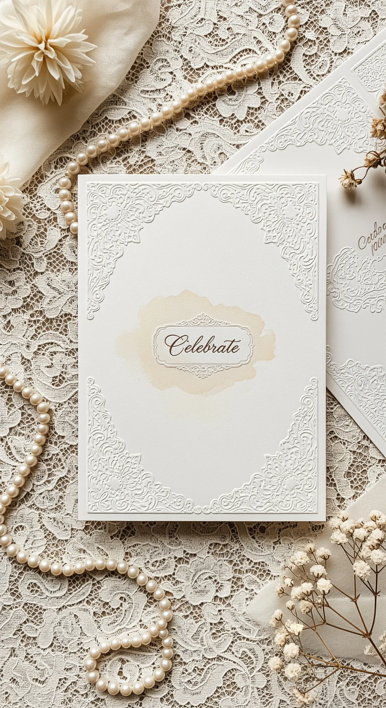 Invito bianco con cornice in rilievo effetto pizzo e macchia di acquerello color avorio.