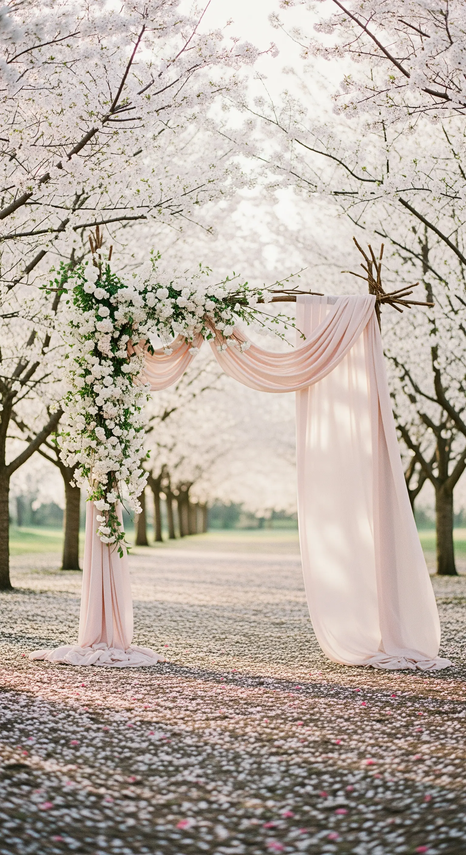 Arco nuziale asimmetrico con fiori bianchi e drappo rosa in un viale di ciliegi in fiore.