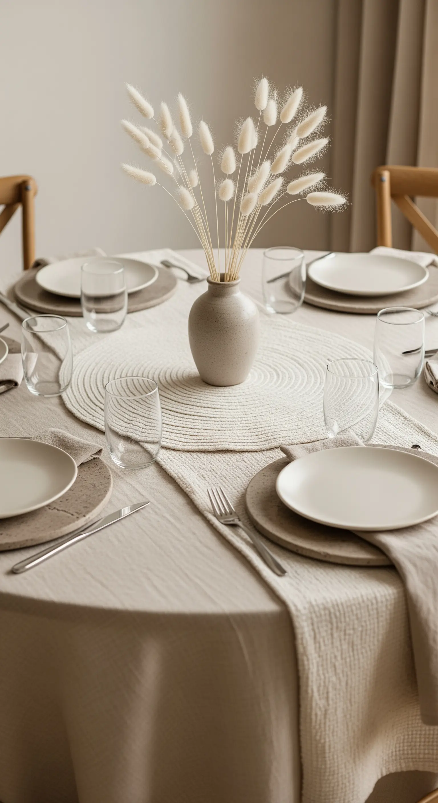 Centrotavola con lagurus in un vaso di ceramica su tovaglietta rotonda.