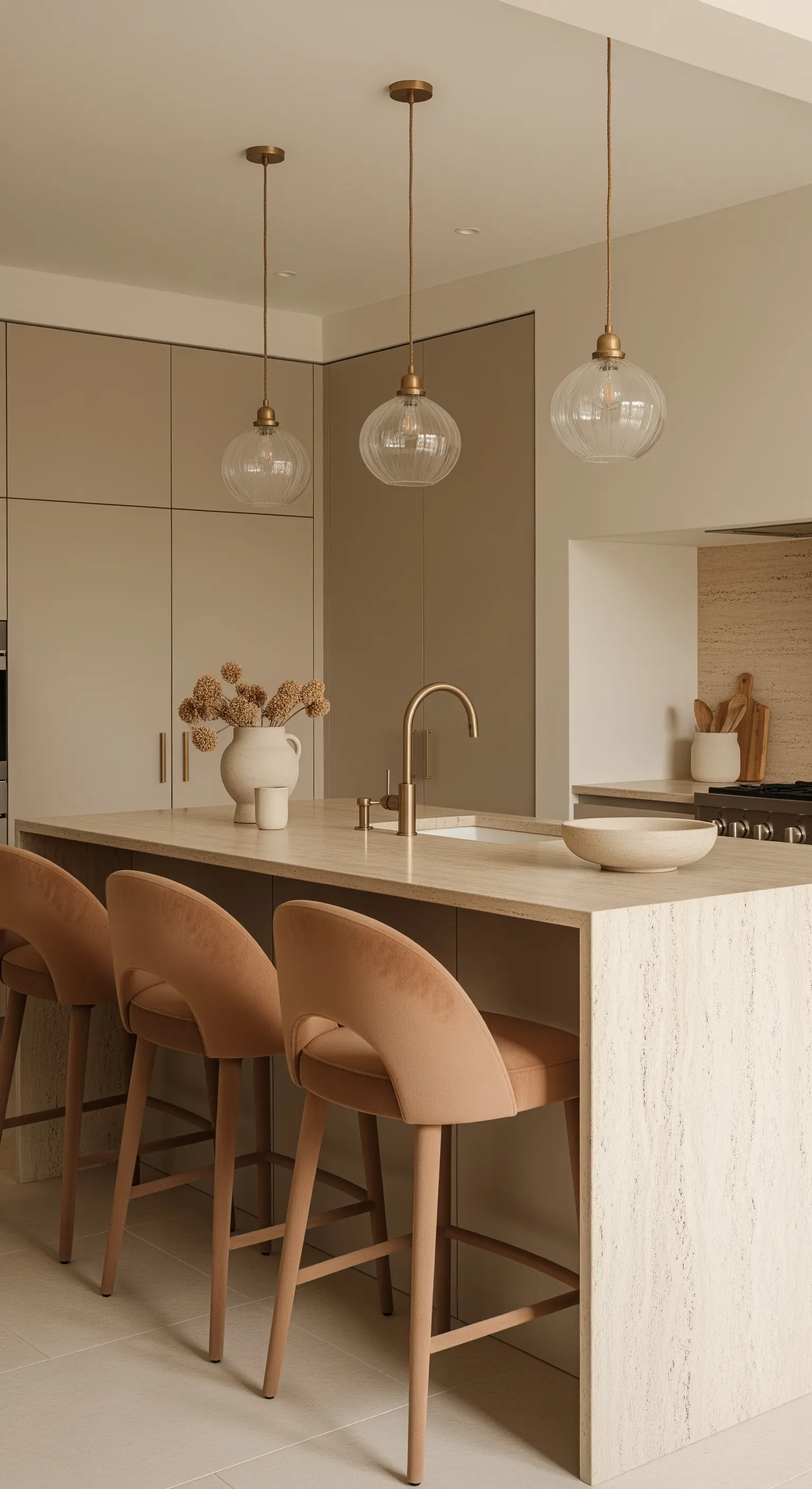 Cucina minimalista in tonalità neutre con penisola in travertino e sgabelli in velluto rosa cipria