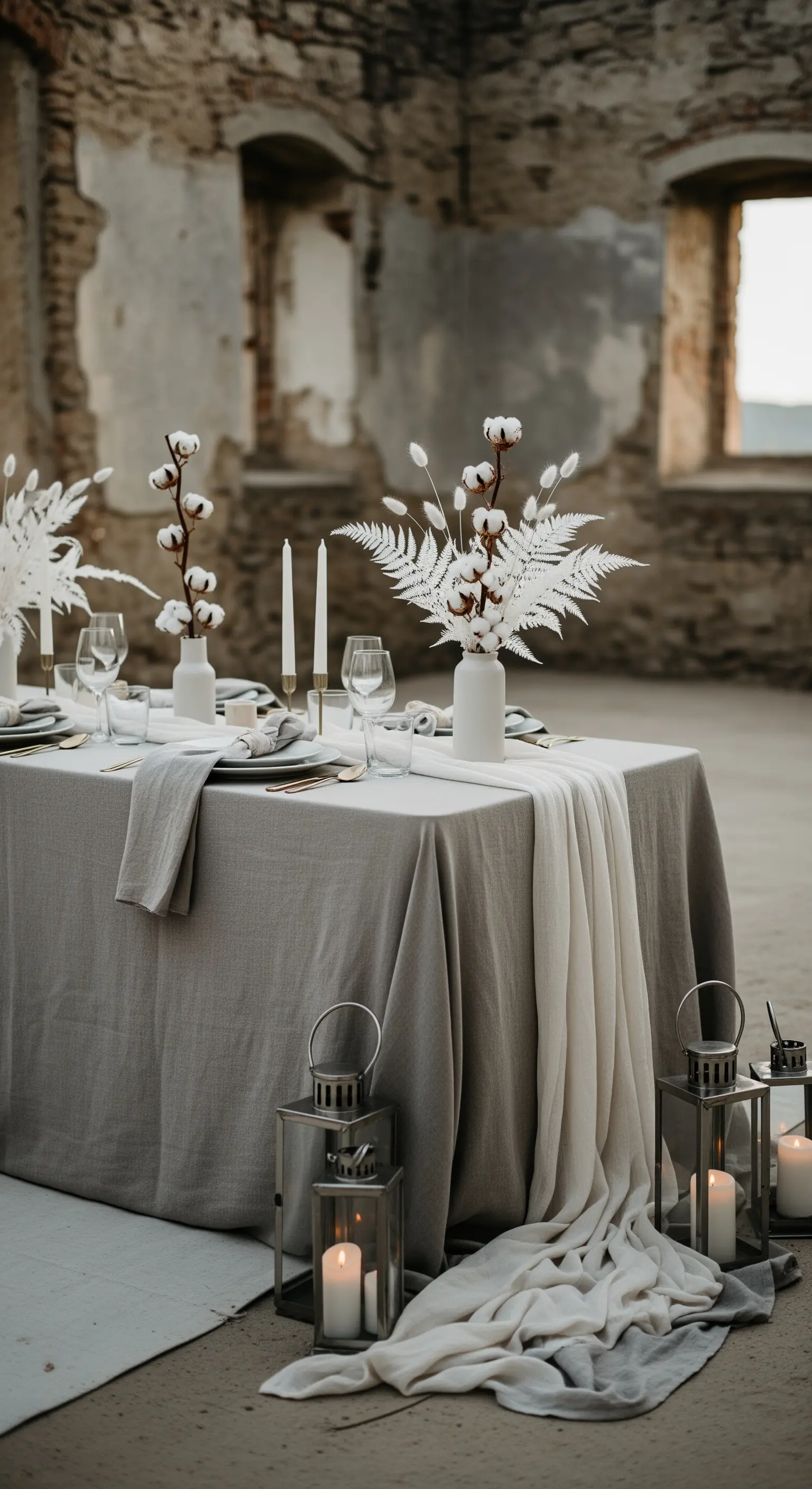 Tavolo grigio minimalista con runner bicolore, fiori di cotone e lanterne.