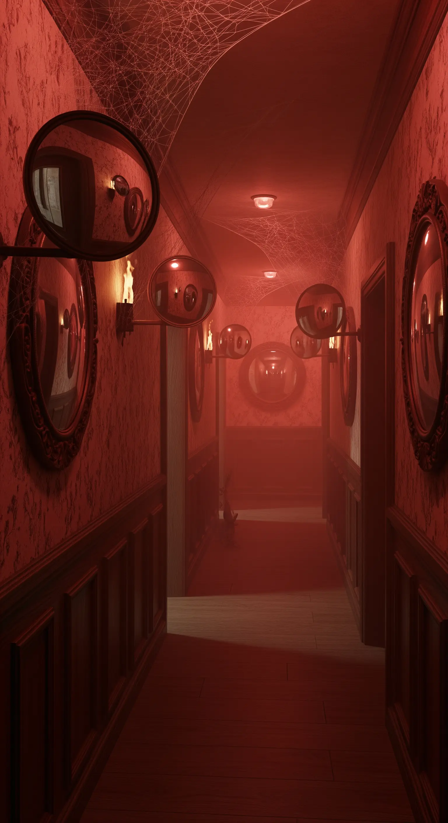 Corridoio saturo di nebbia rossa con specchi convessi appesi.