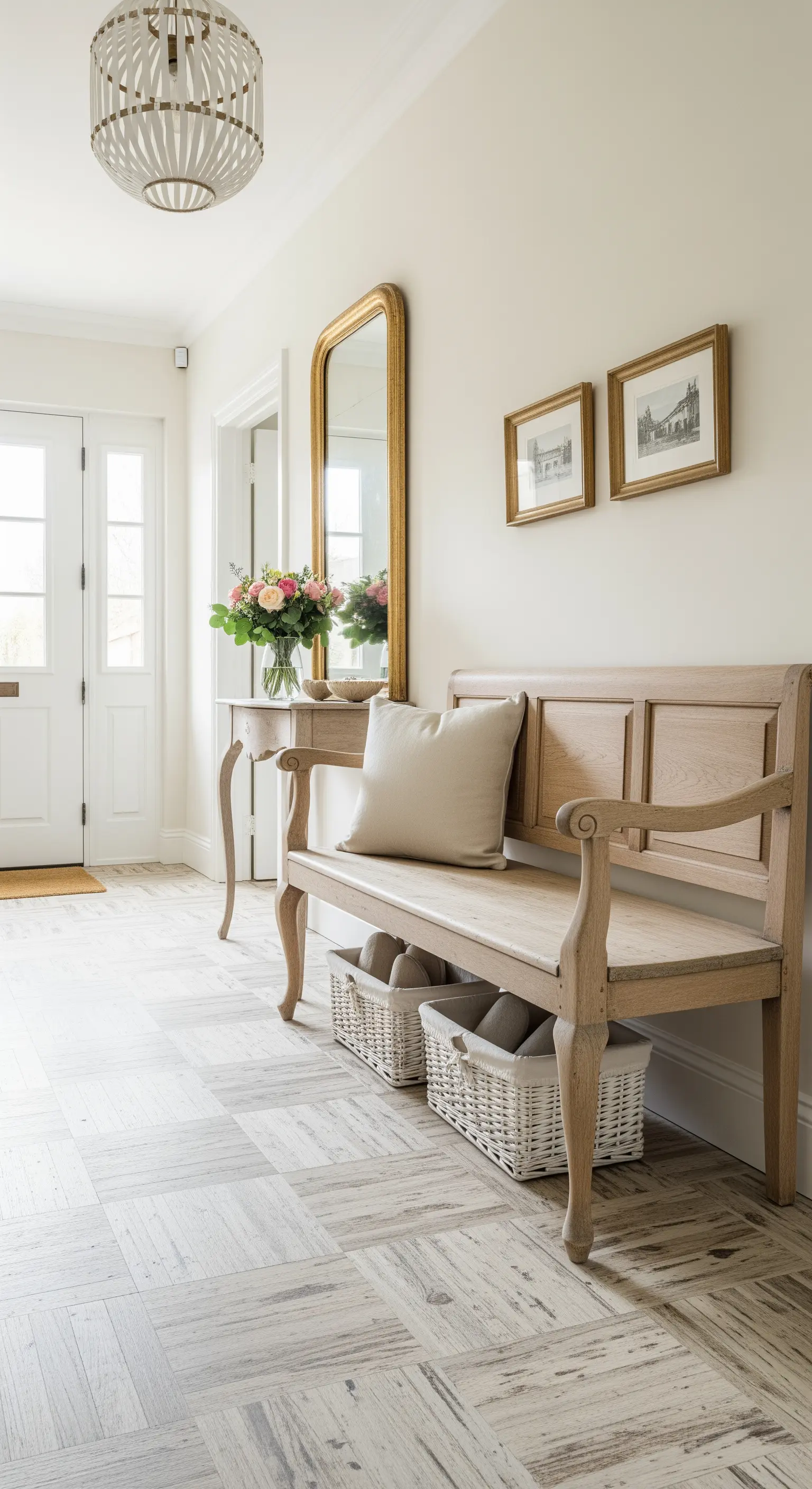 Ingresso elegante con panca in legno chiaro, specchio dorato e cesti bianchi.