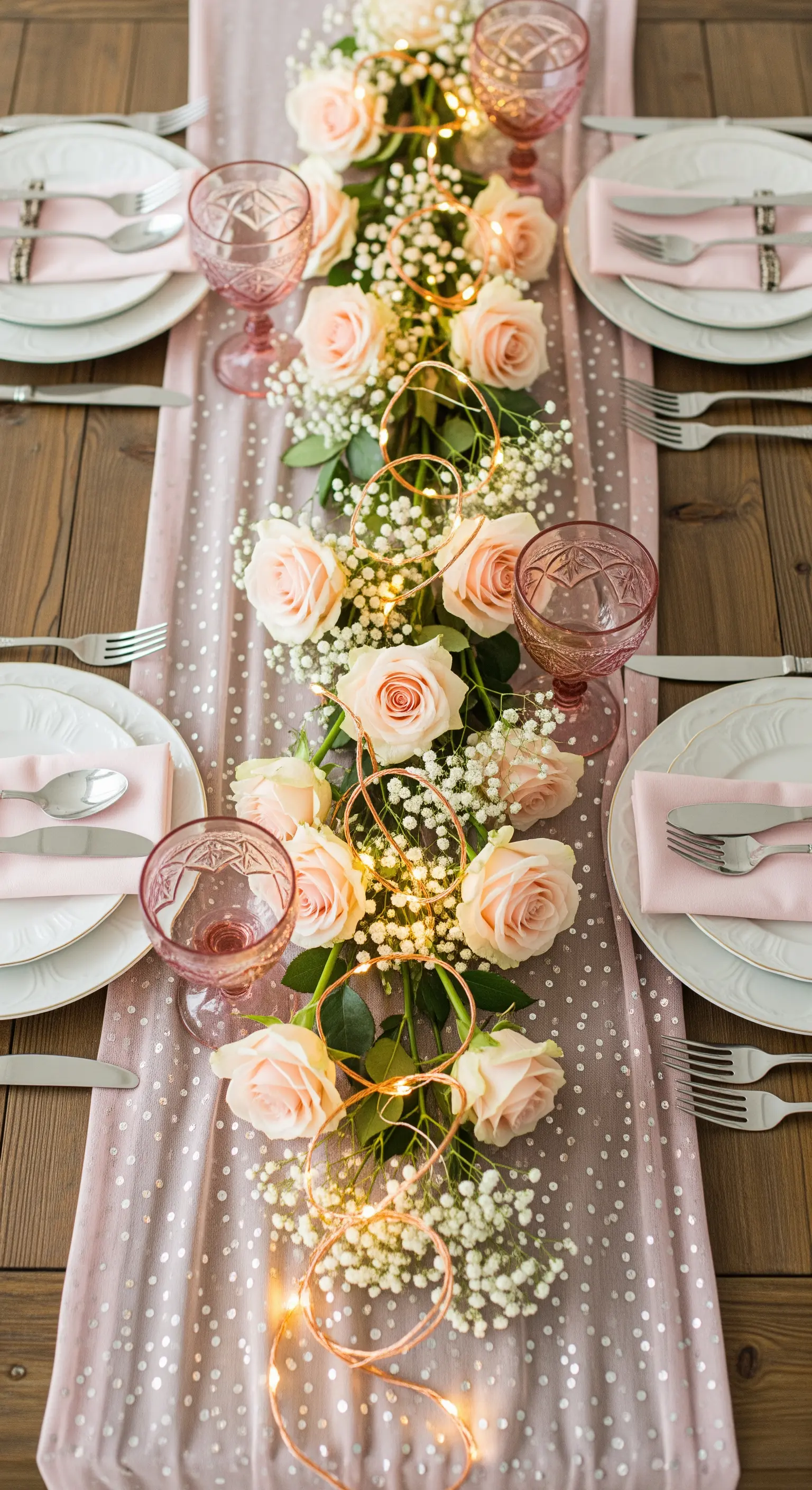 Centrotavola con rose rosa e filo di luci a led su un runner rosa con pois argentati.