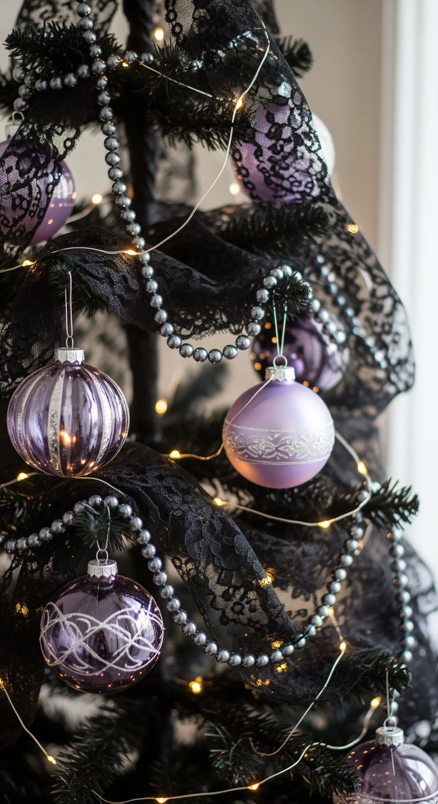Dettaglio di albero di Natale con pizzo nero, palline lavanda e fili di perle.