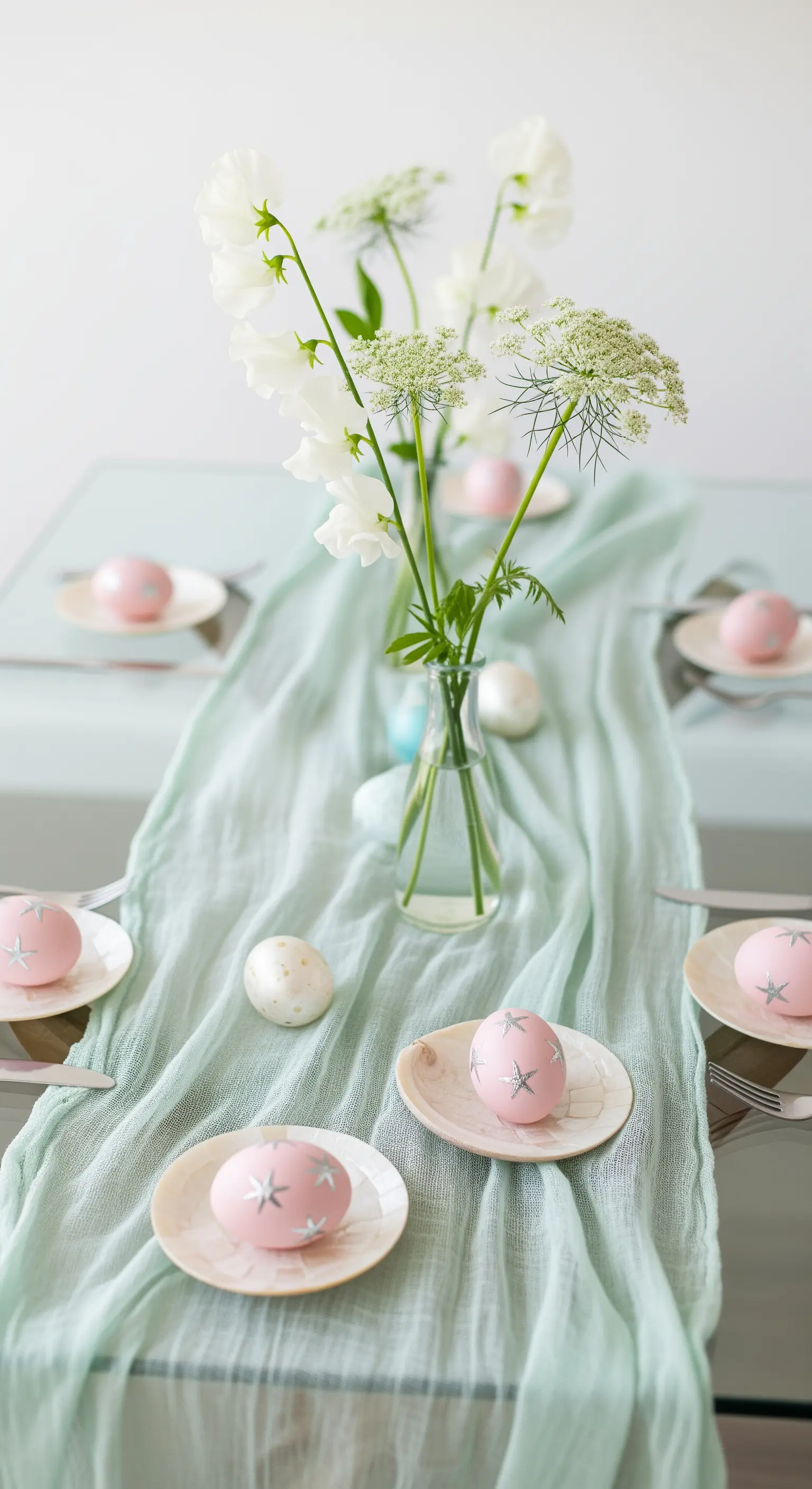 Tavola pasquale eterea con runner verde menta, uova rosa con stelle e fiori bianchi.