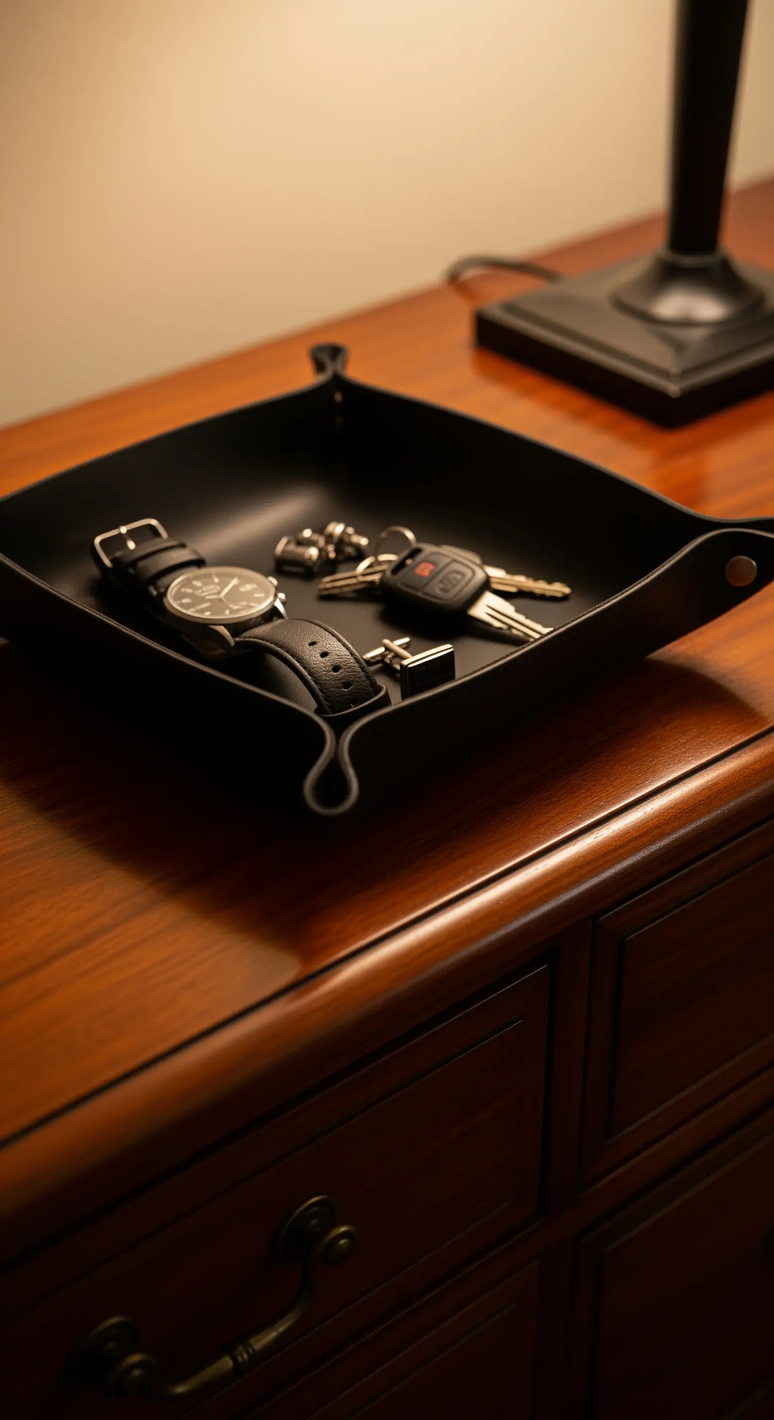 Svuotatasche in pelle nera su un comodino, con orologio, chiavi e gemelli.