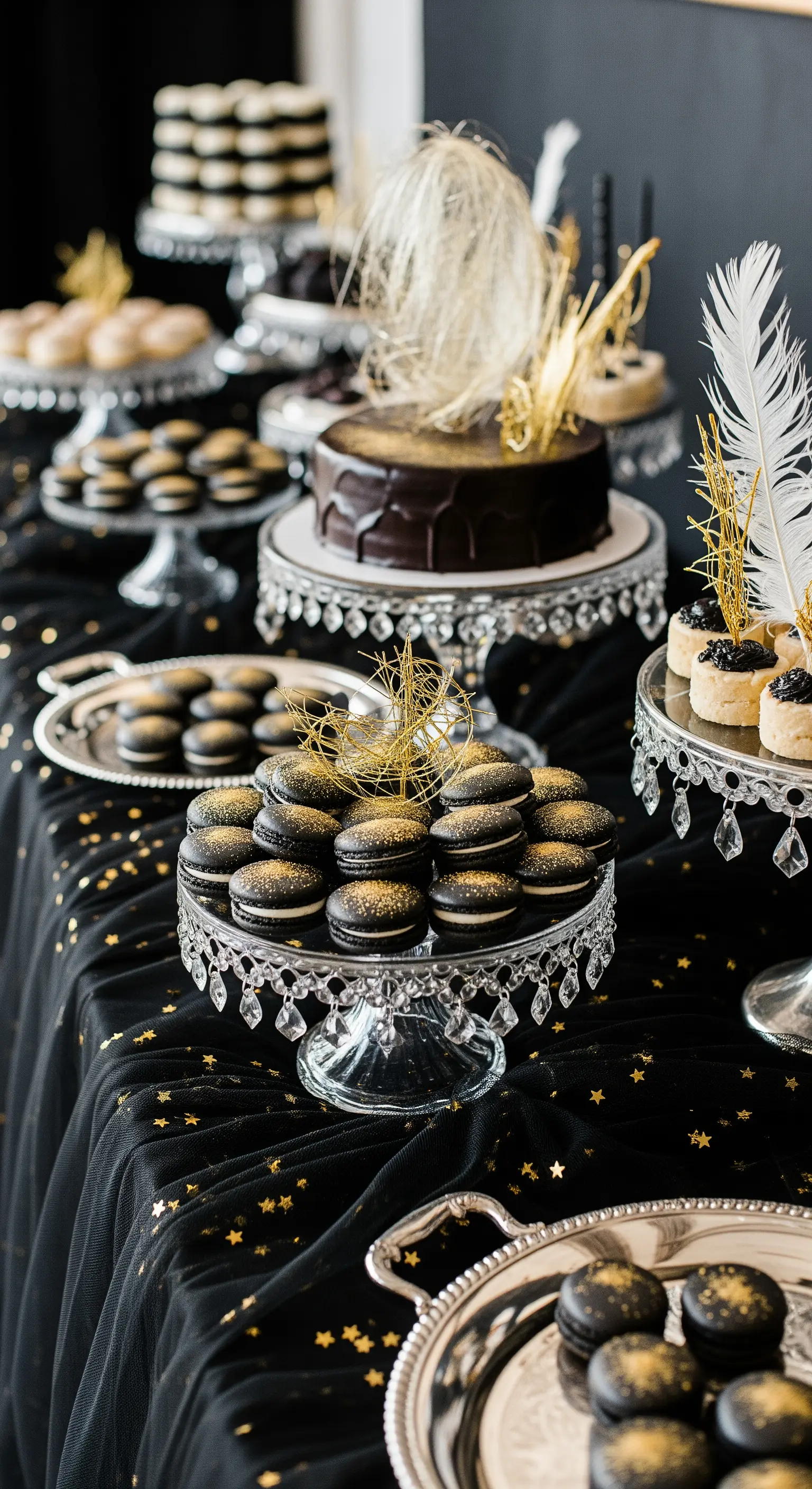 Tavolo dei dolci di Halloween in nero e oro con macarons, torte e decorazioni scintillanti.