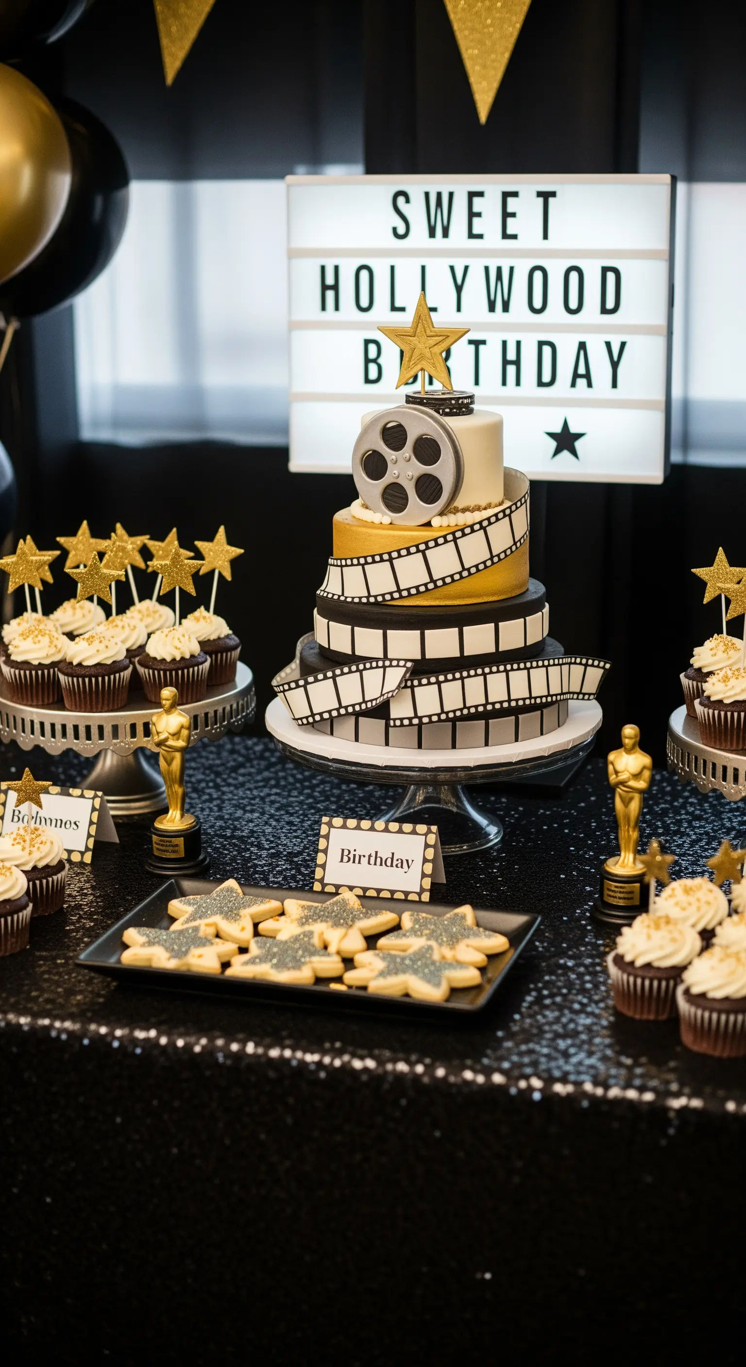Sweet table a tema Hollywood con torta, cupcake e biscotti a forma di stella.