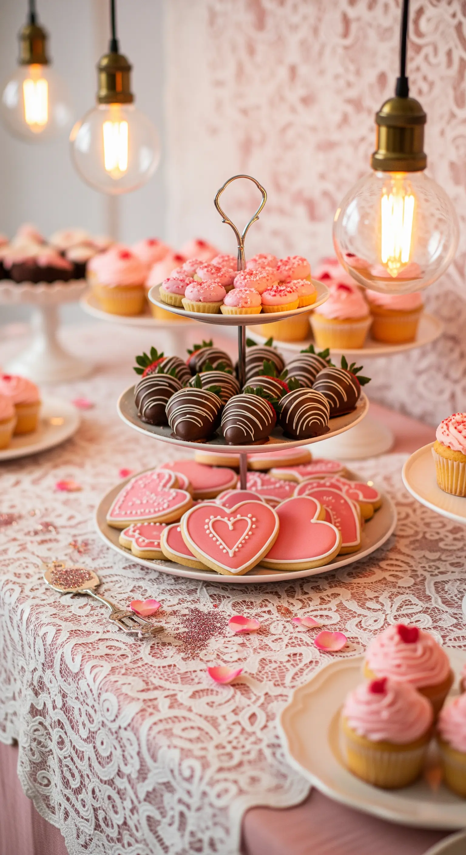 Tavolo di dolci di San Valentino con cupcake rosa, biscotti a cuore e fragole al cioccolato.