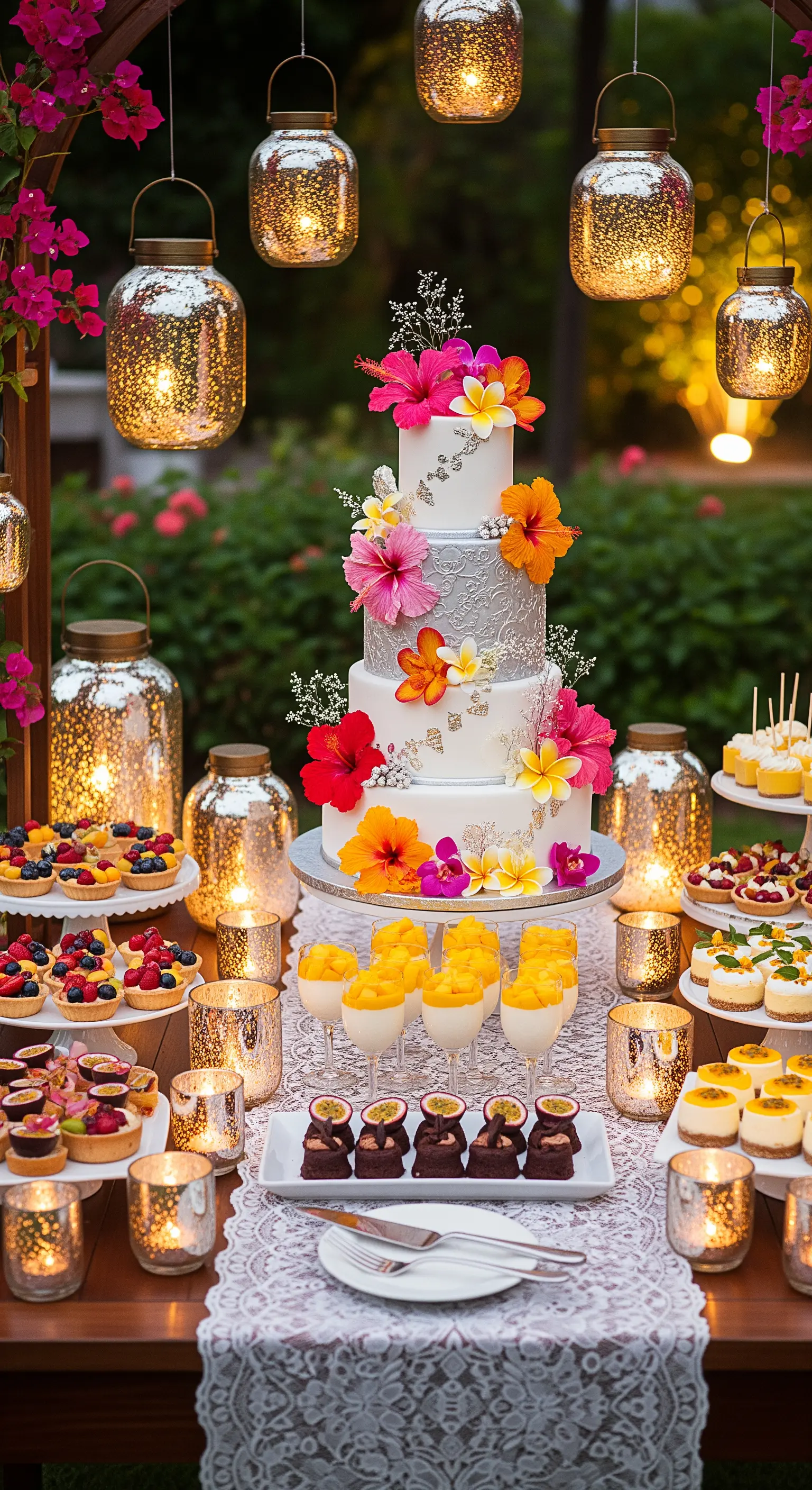 Tavolo dei dolci a tema tropicale con torta decorata con fiori e lanterne scintillanti.