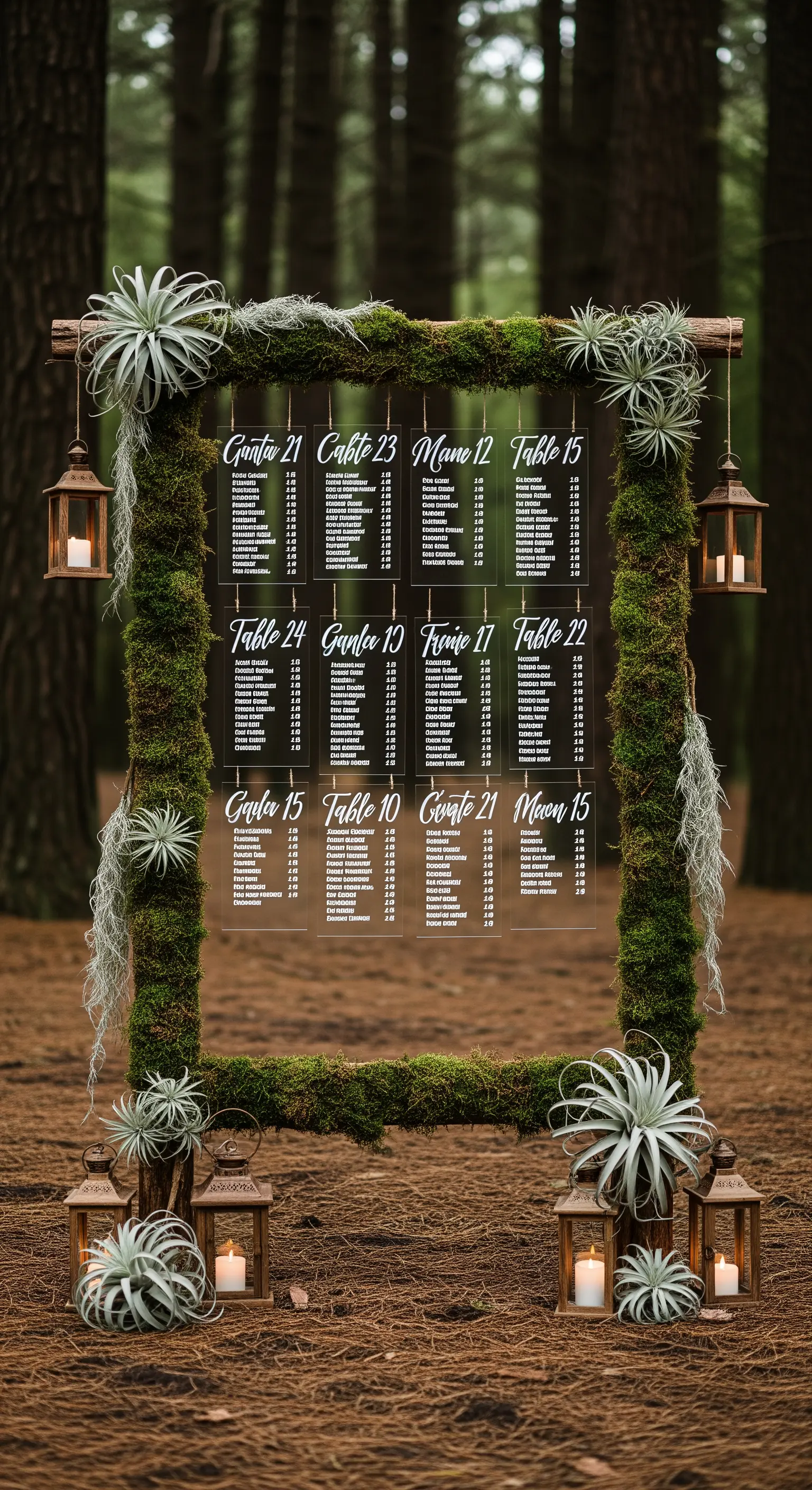 Tableau de mariage con cornice di muschio, piante aeree e pannelli di plexiglass trasparente.