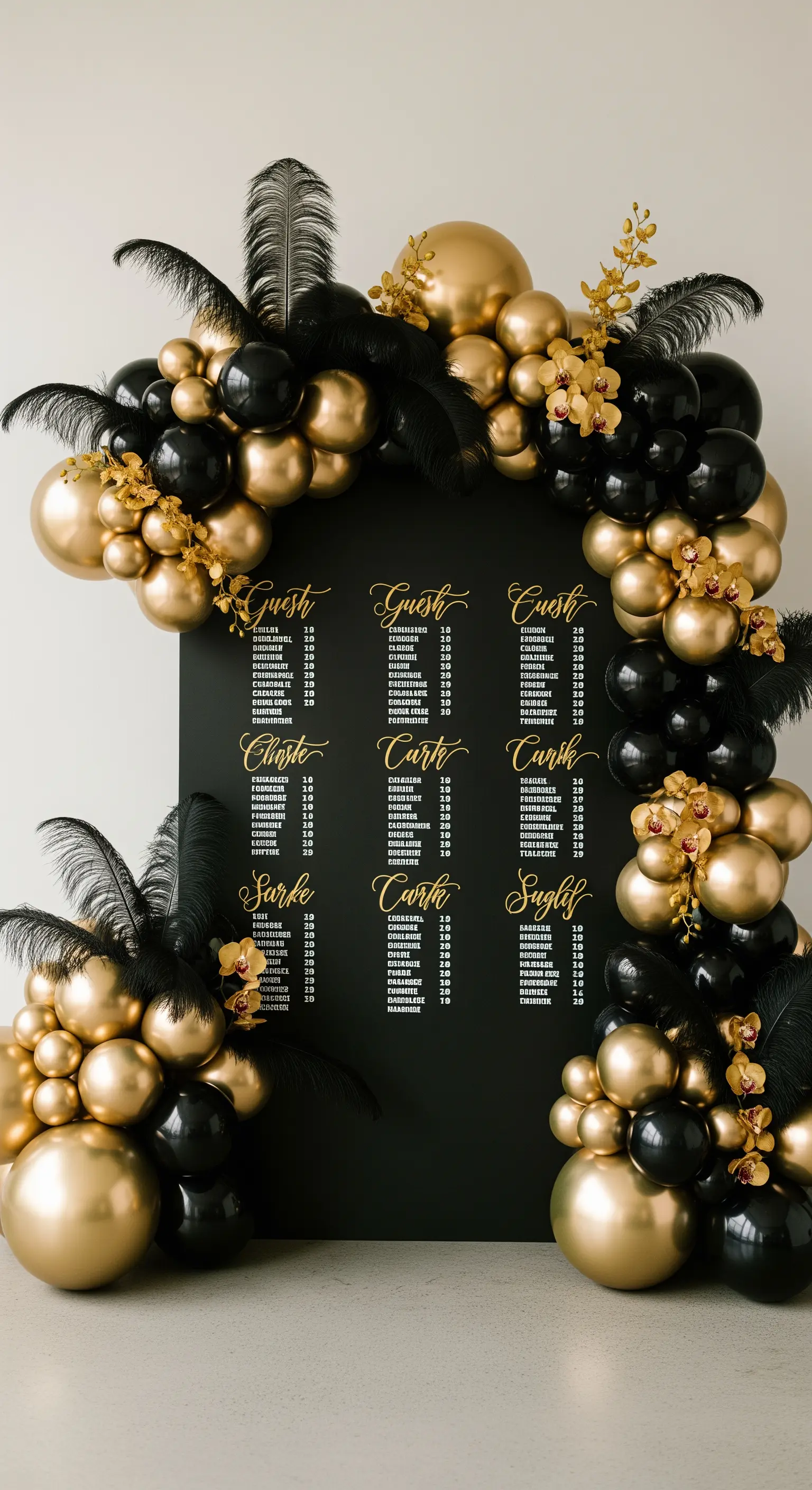 Tableau de mariage nero incorniciato da palloncini, piume nere e orchidee dorate.