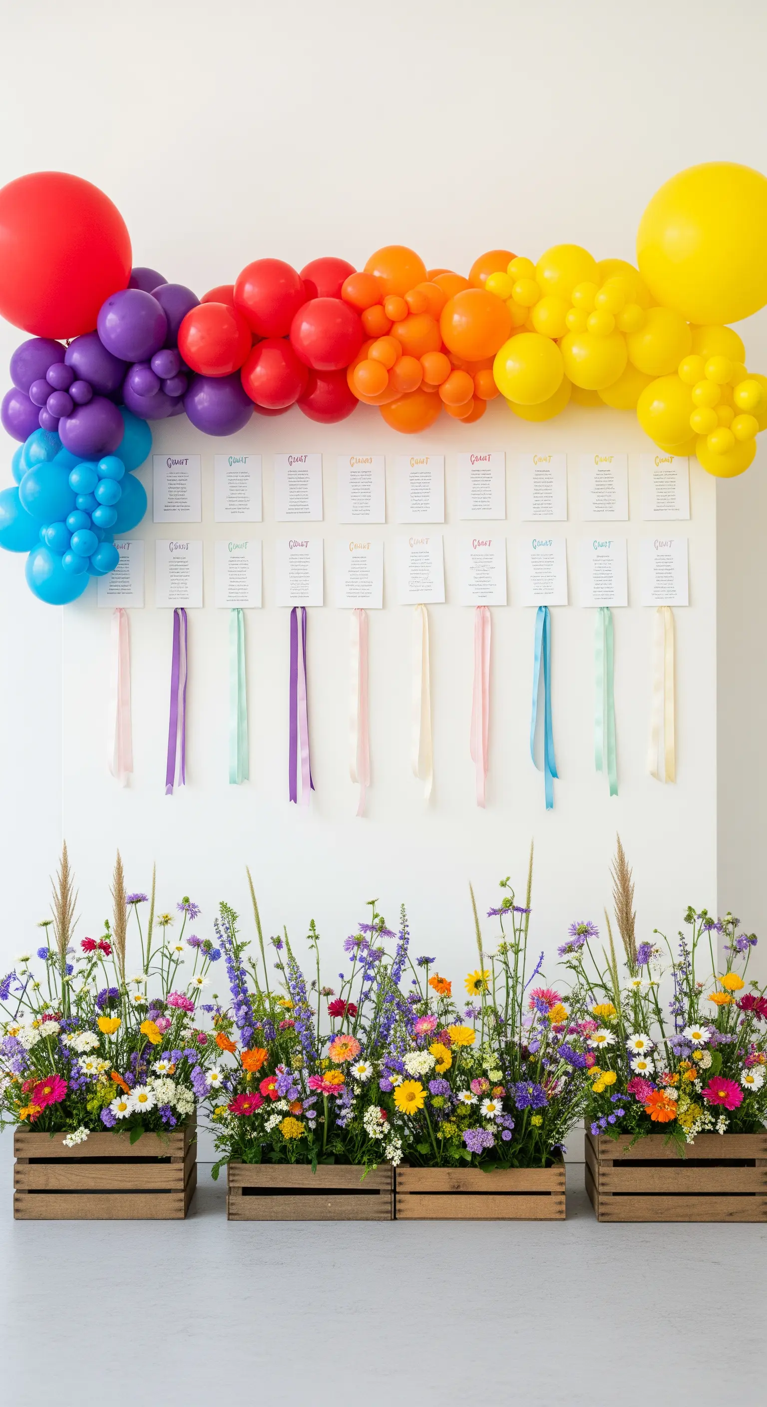 Tableau de mariage decorato con una ghirlanda di palloncini arcobaleno e fiori di campo.