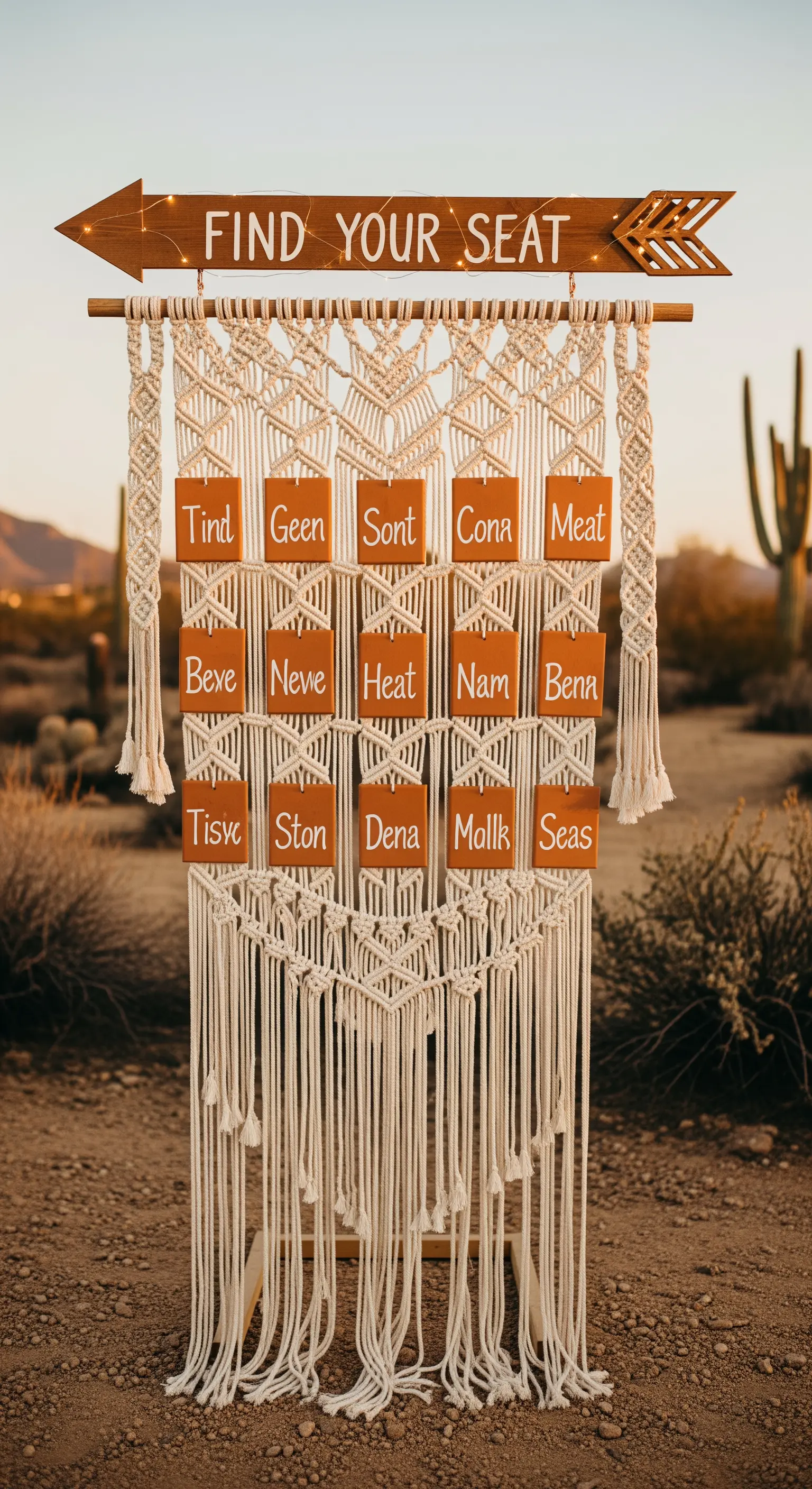 Tableau de mariage in macramè con targhette in terracotta per indicare i posti.