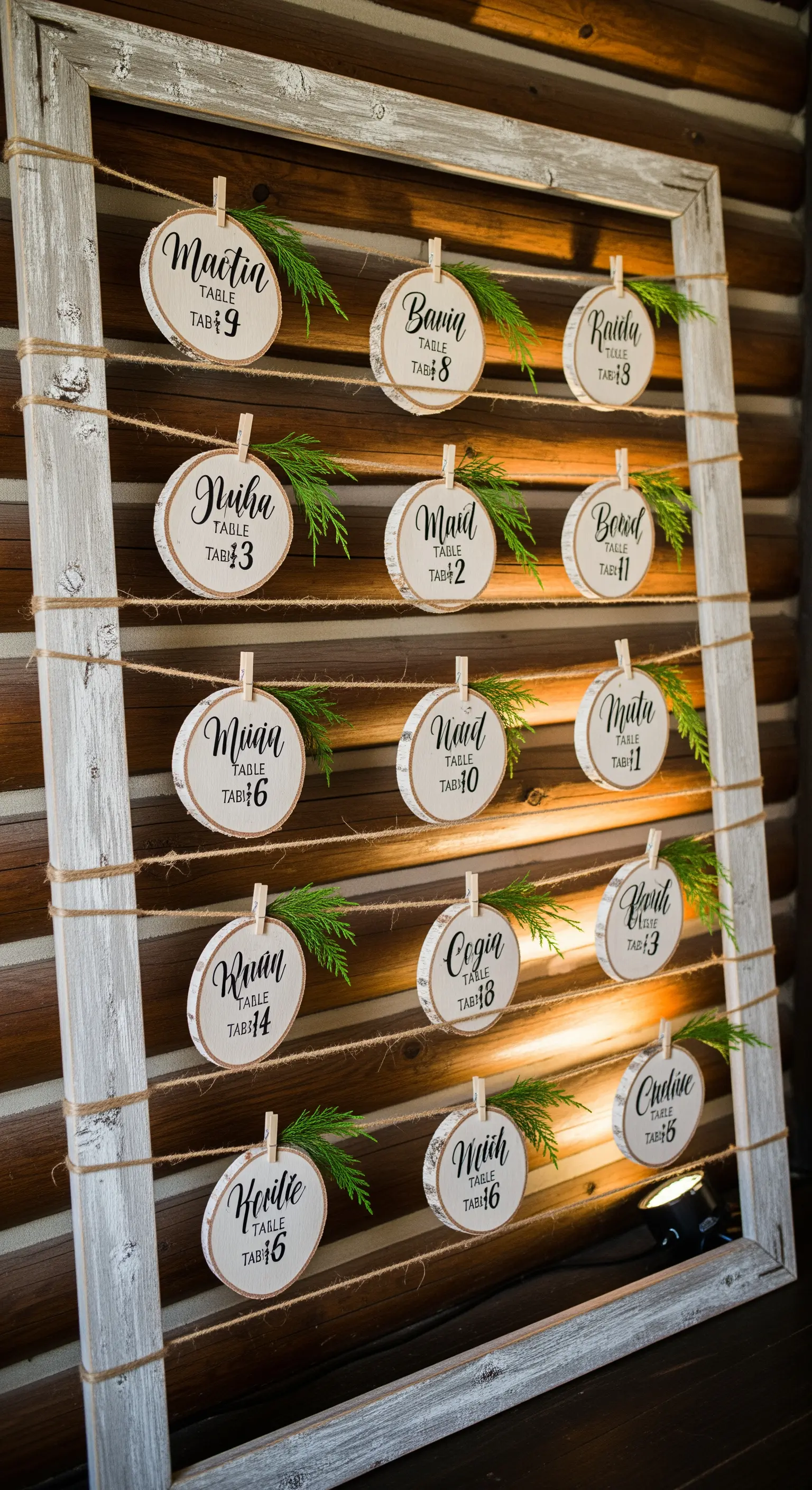 Tableau de mariage con dischi di legno appesi con spago a una cornice bianca rustica.