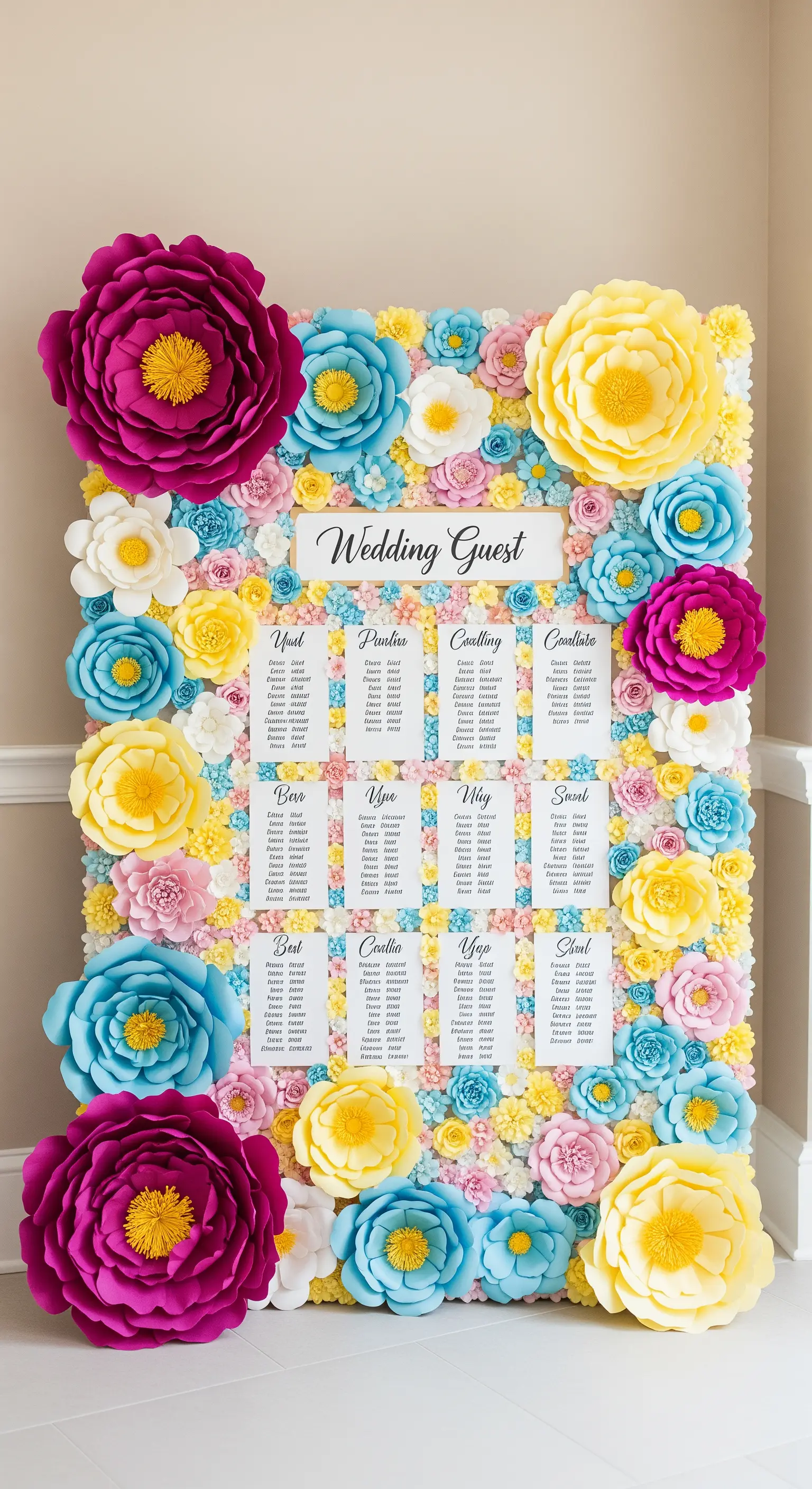 Tableau mariage incorniciato da un'abbondanza di fiori di carta gialli, blu e rosa.