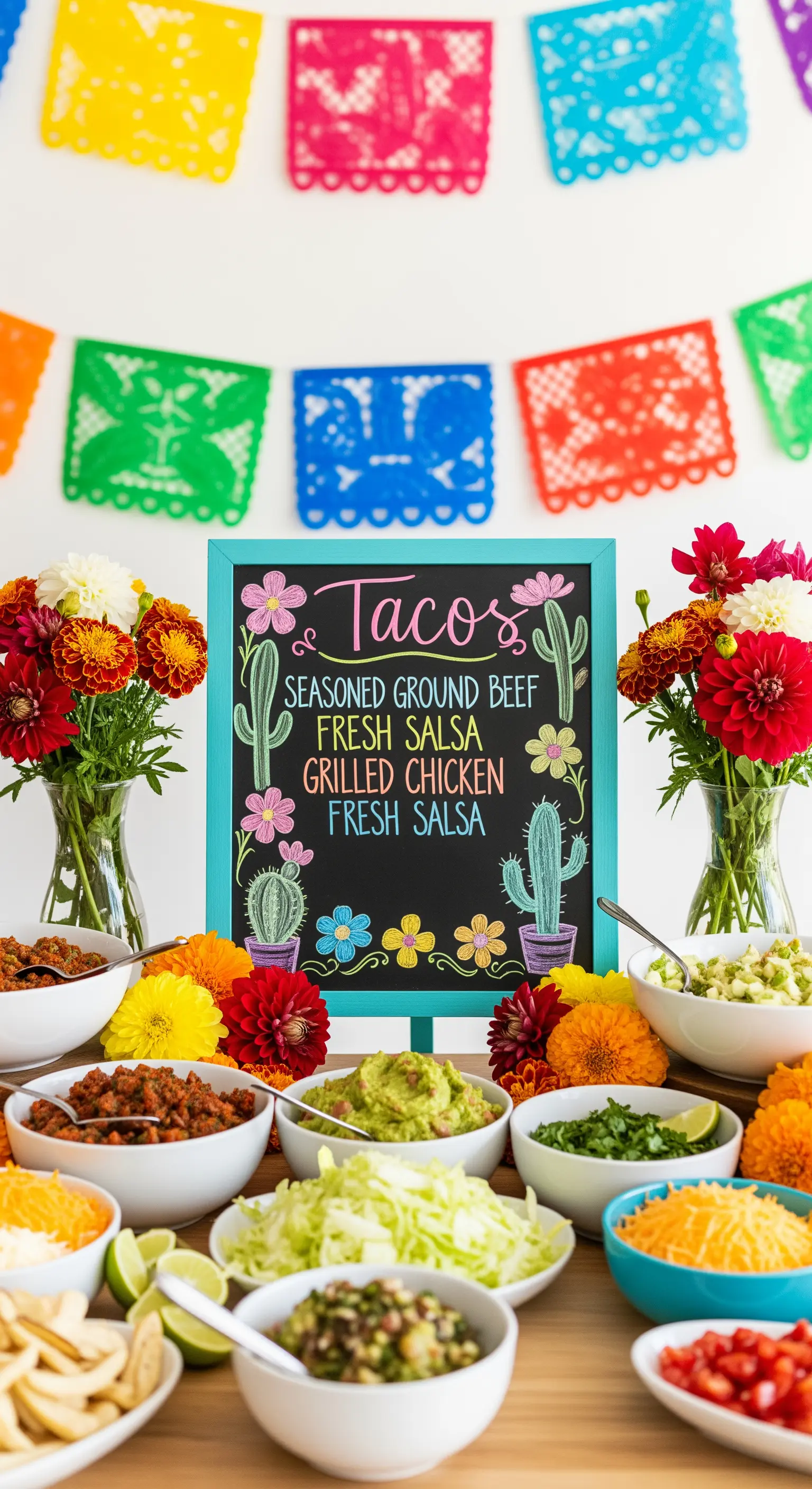 Taco bar colorato con ciotole di ingredienti, fiori e una lavagna con il menù.