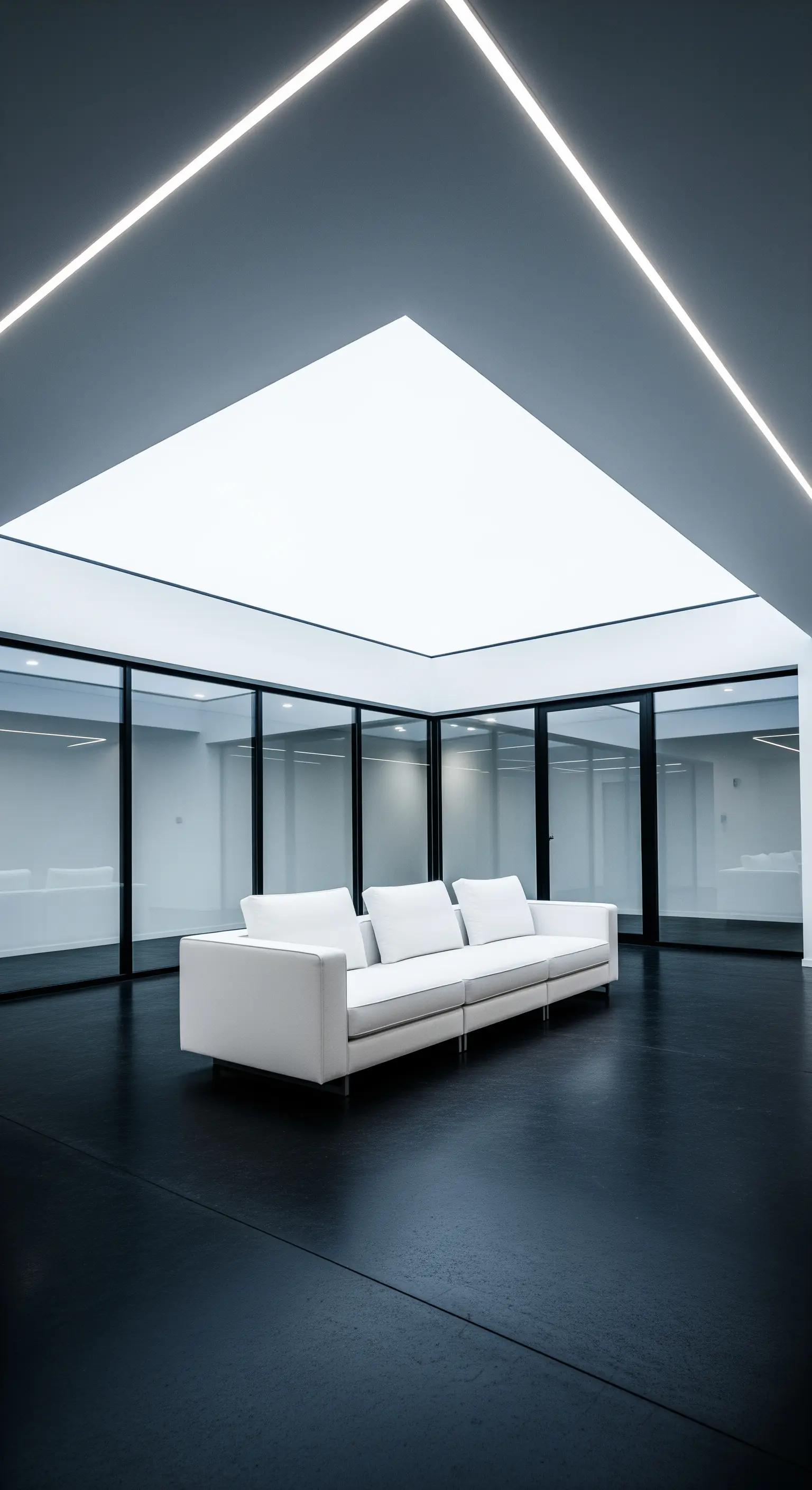 Spazio minimalista con pavimento nero, divano bianco e un grande lucernario con luci a LED integrate