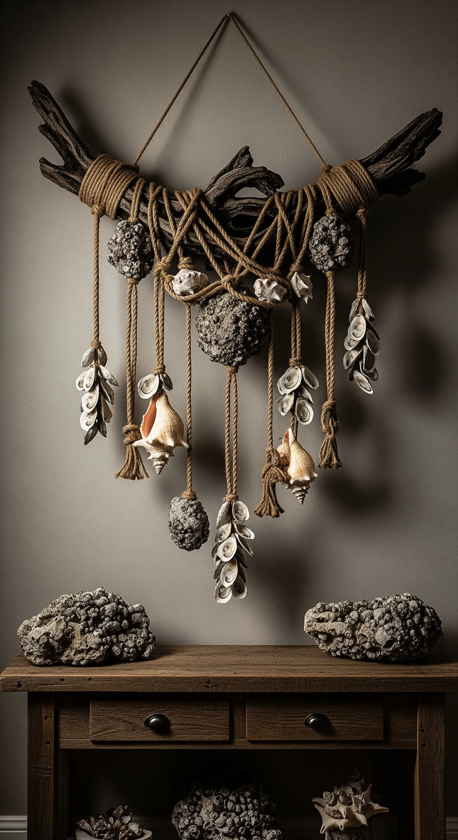 Decorazione da parete con legno scuro, corde di iuta spesse e conchiglie texturizzate.