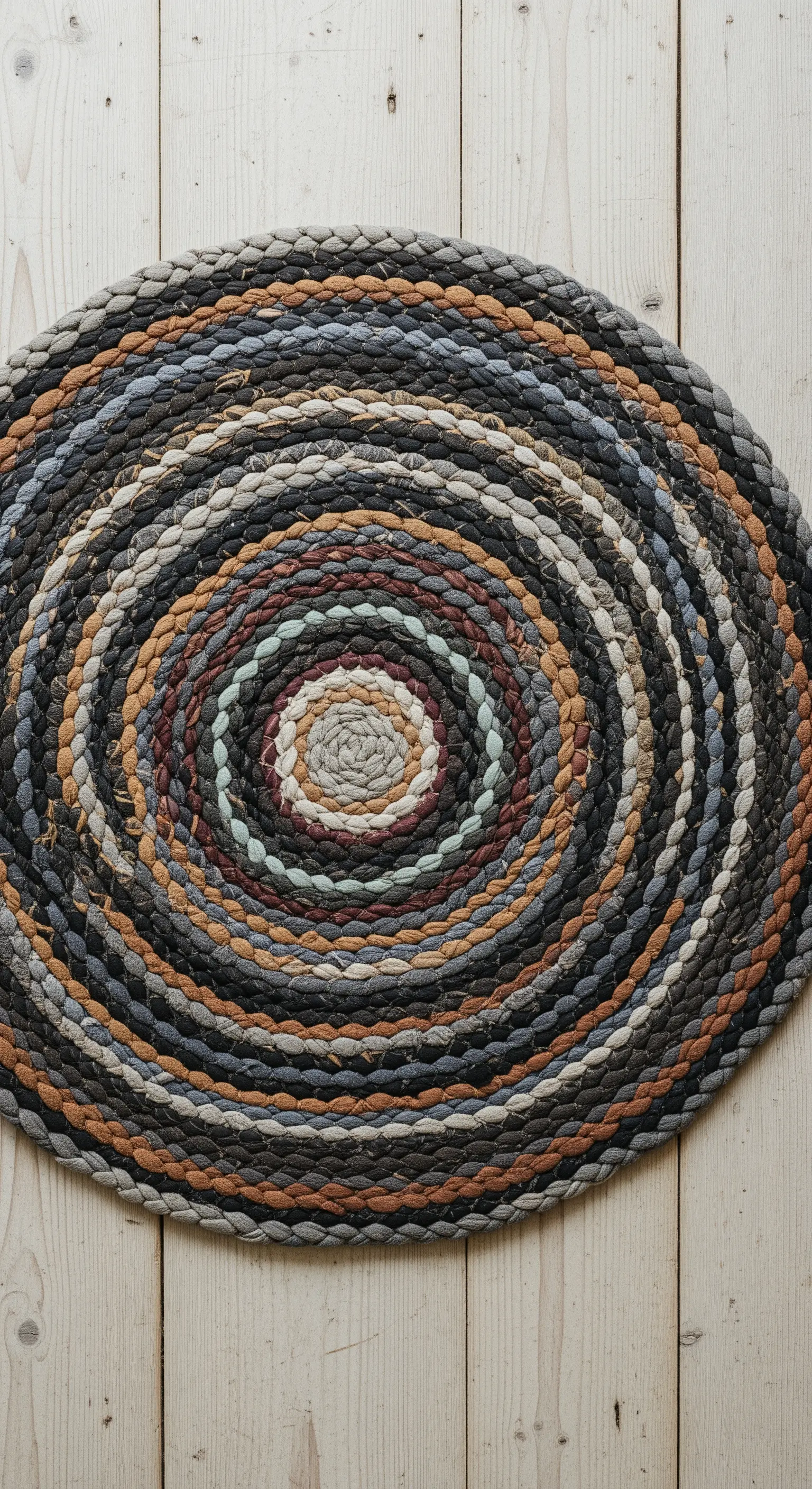 Tappeto rotondo realizzato con strisce di pelle intrecciata di vari colori.