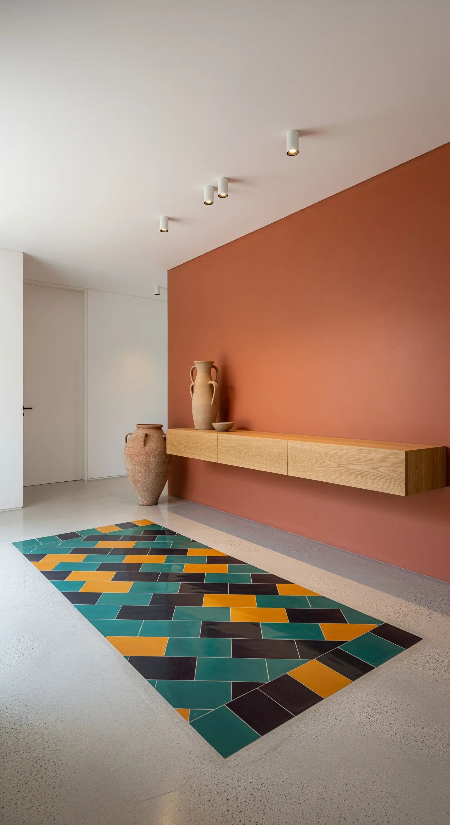 Ingresso moderno con parete terracotta e tappeto di piastrelle geometriche.