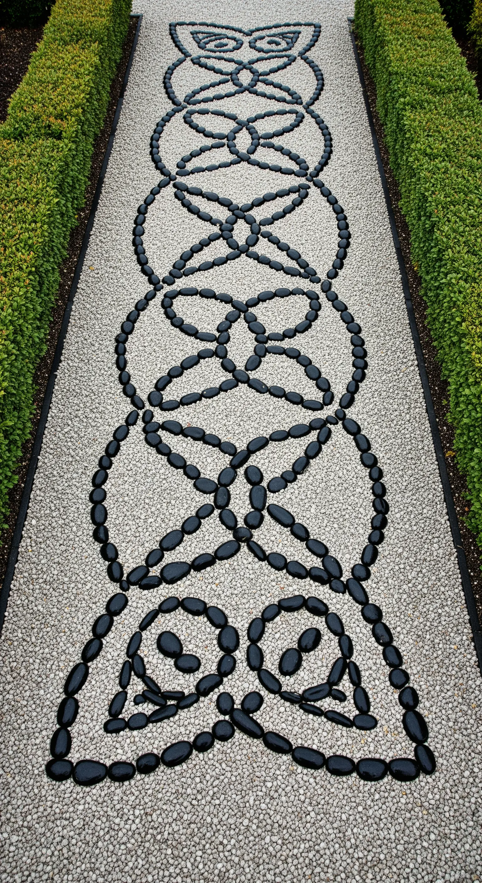 Sentiero di ghiaia bianca con un elaborato disegno a nodo celtico realizzato con ciottoli neri.