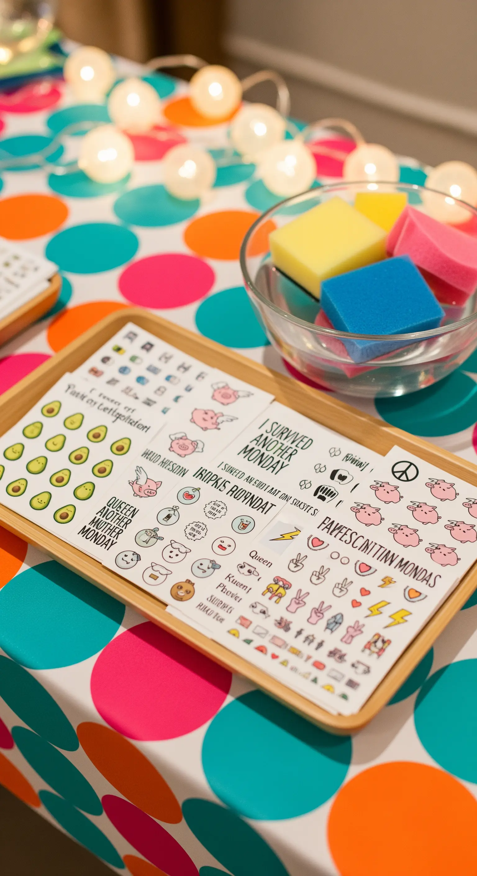 Vassoio con fogli di tatuaggi temporanei divertenti e colorati su un tavolo da festa