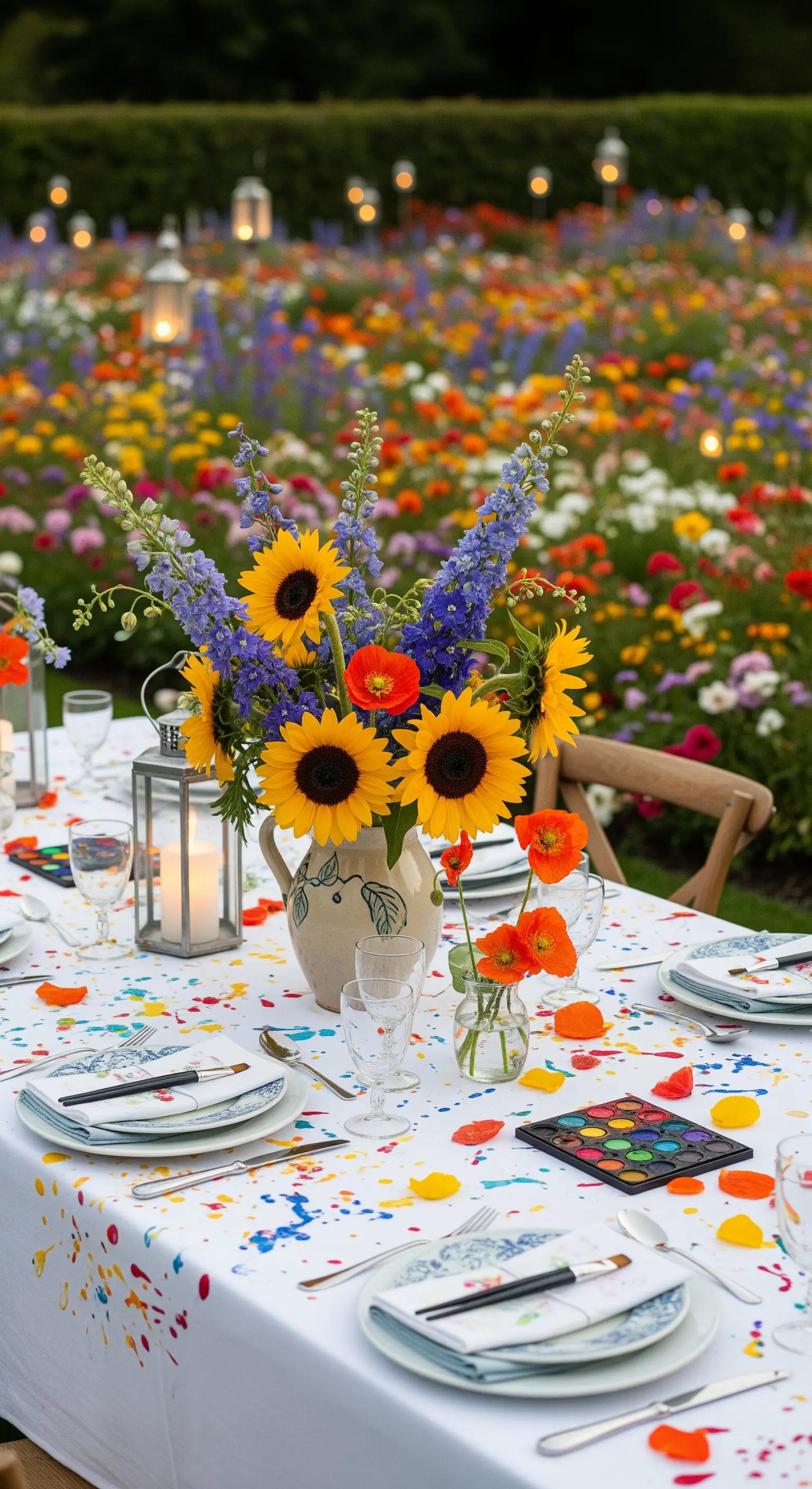 Tavola creativa con una tovaglia a schizzi di colore e un set di acquerelli per ogni ospite.