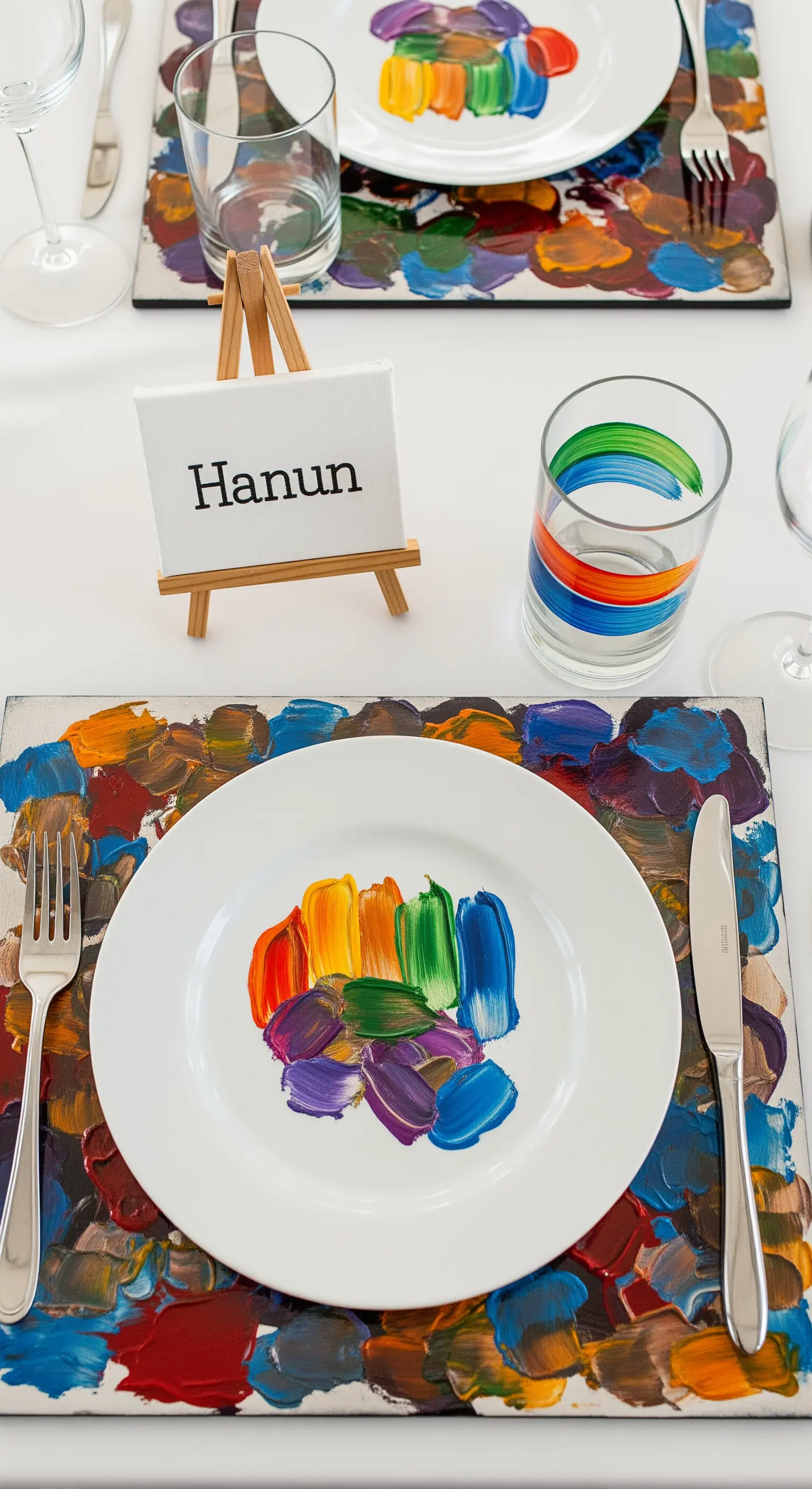 Posto tavola artistico con tovaglietta e piatto dipinti con pennellate arcobaleno