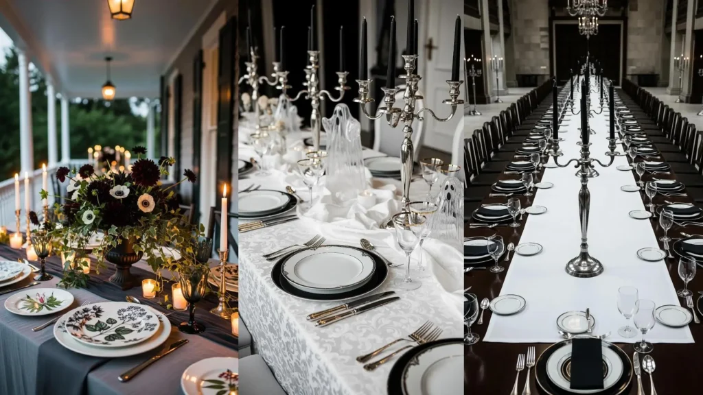 Elegante tavola di Halloween in bianco e nero con piatti a tema e candelabri gotici illuminati da candele.