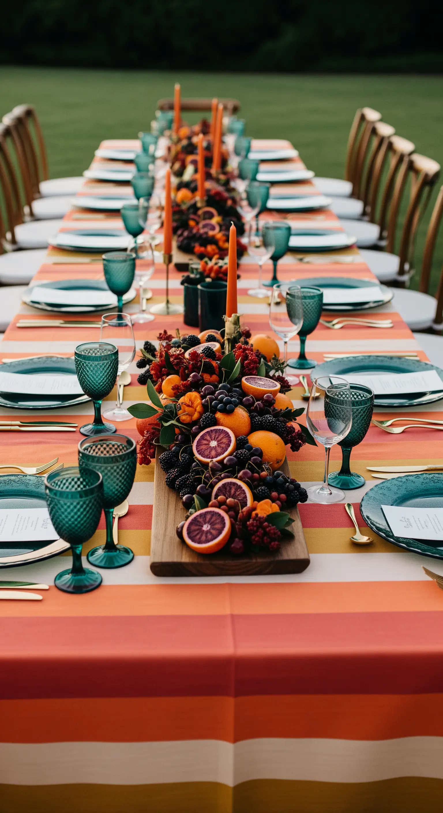 Lunga tavolata con tovaglia a righe arancioni e centrotavola di agrumi e frutti di bosco.