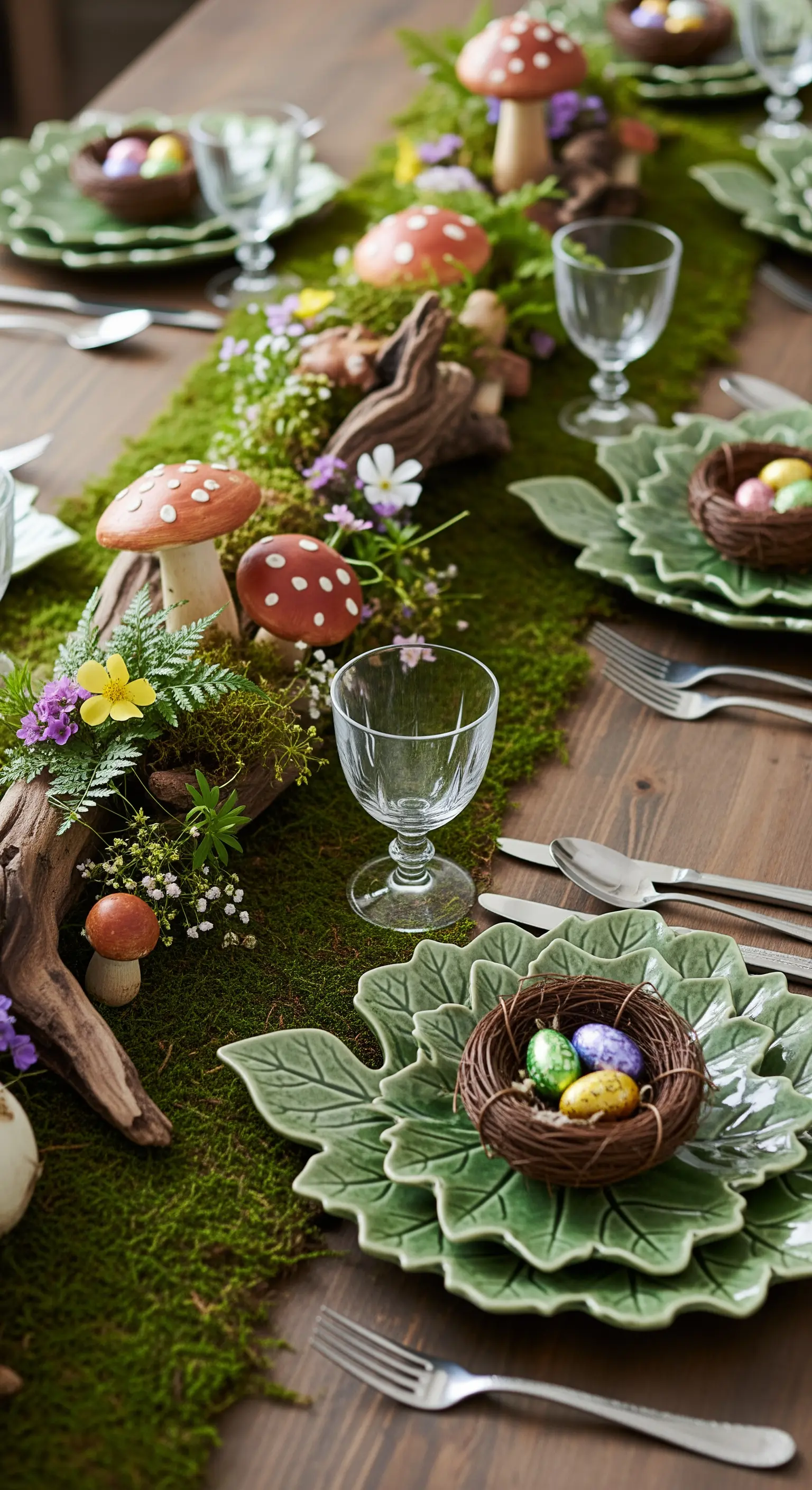 Tavola a tema bosco con runner di muschio, funghi in ceramica e piatti a forma di foglia