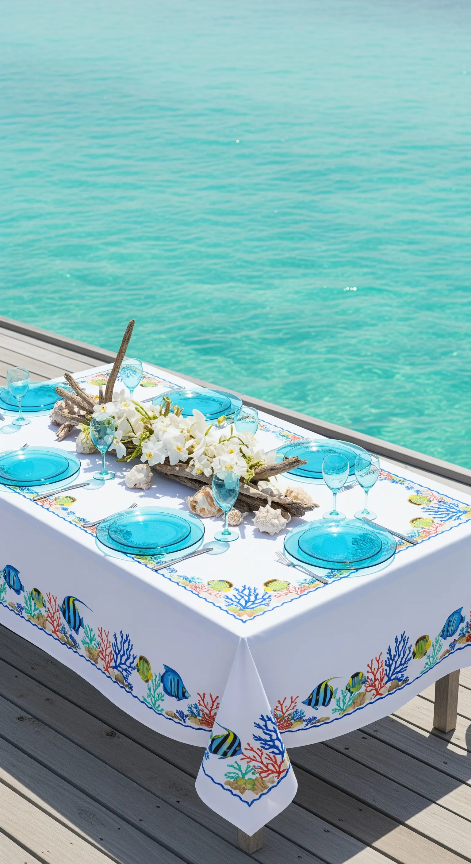 Tavola su un molo con vista mare, tovaglia a tema marino e piatti blu.
