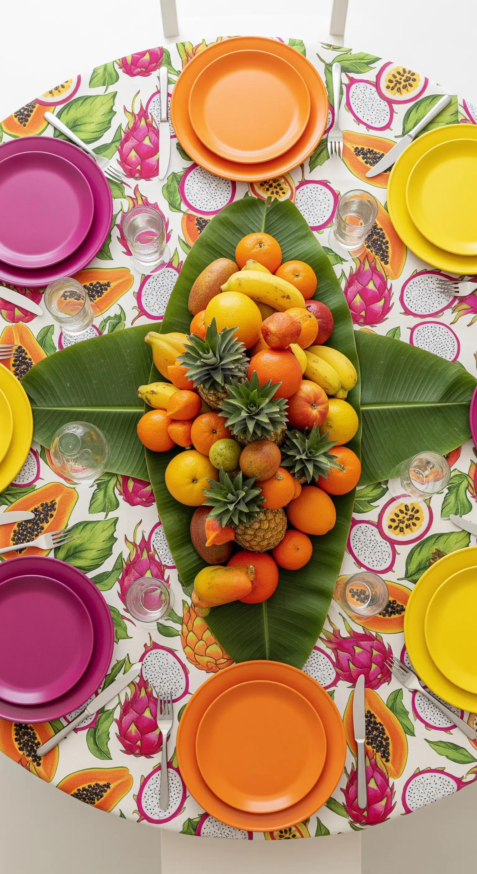 Tavola vista dall'alto con tovaglia a tema frutta esotica e piatti colorati.