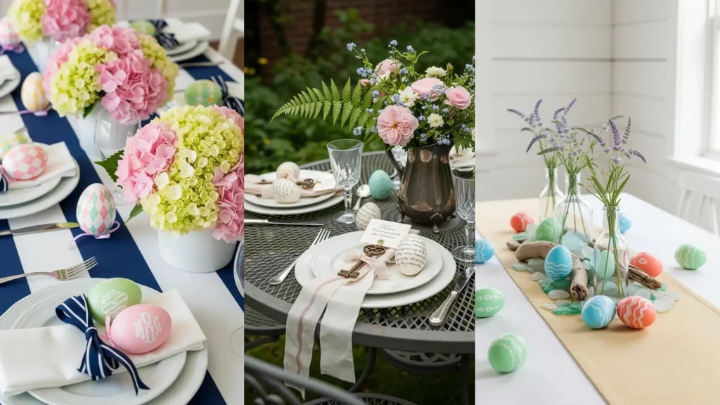Tre splendide tavole di Pasqua color pastello con fiori freschi e uova dipinte a mano, perfette per le celebrazioni.