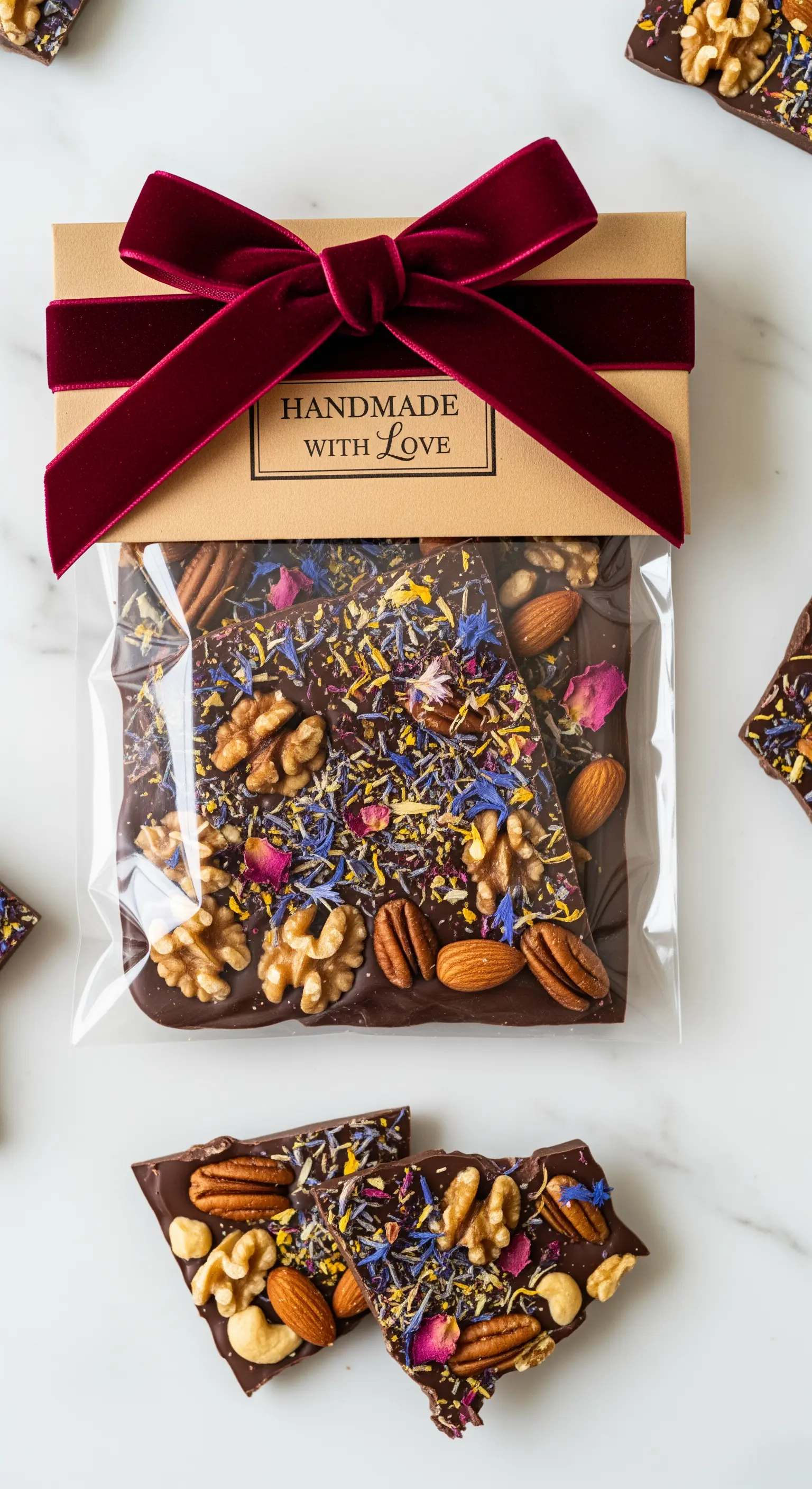 Tavoletta di cioccolato artigianale decorata con noci e fiori, confezionata con nastro di velluto.