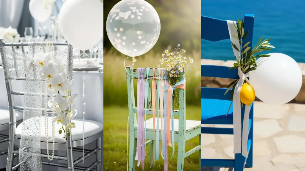 Sedie per festa decorate con nastri, fiori, palloncini e dettagli eleganti per ogni celebrazione speciale.