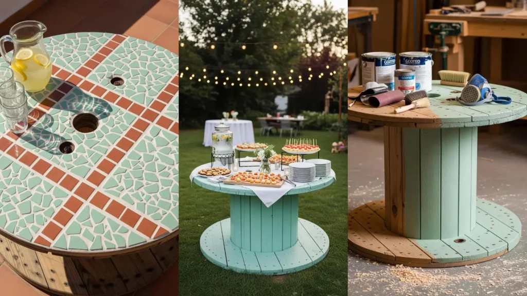 Tavoli estivi fai da te con bobine di legno riciclate e vernici pastello: dal processo di pittura all'uso in un buffet all'aperto.