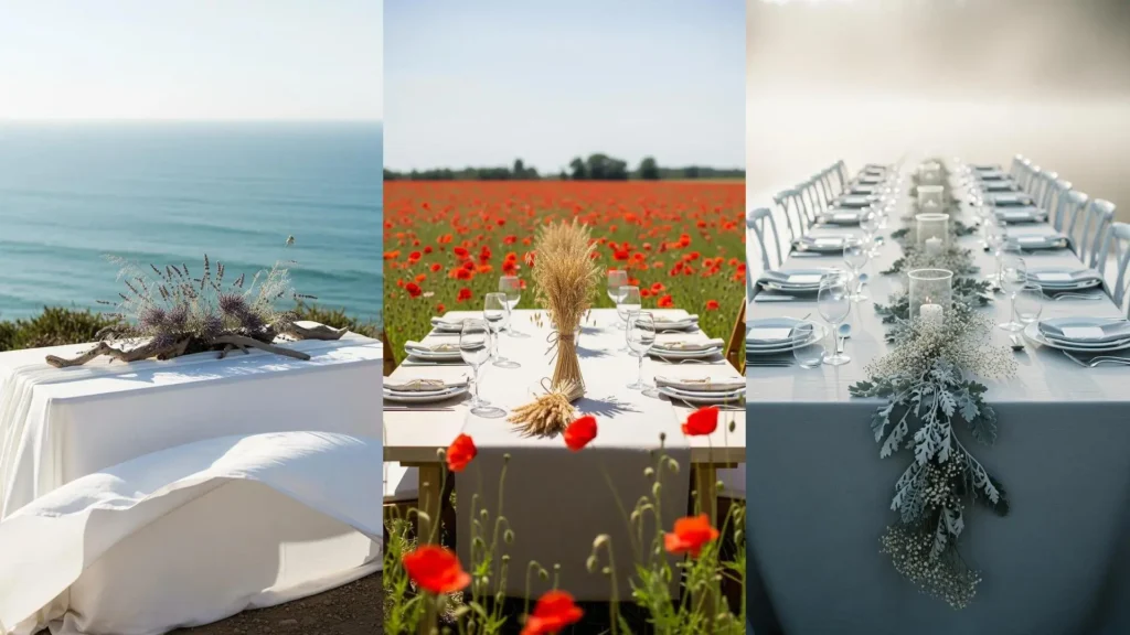 Tavoli imperiali country con lino grezzo, fiori secchi di campo e spighe di grano, in diverse ambientazioni suggestive.