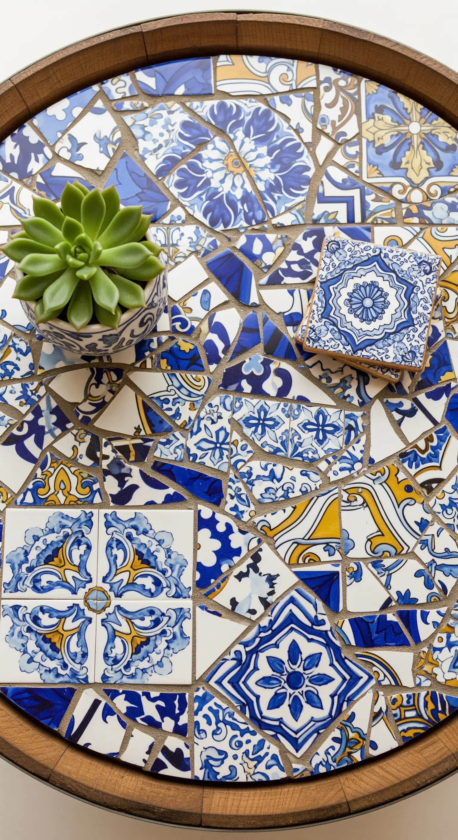 Primo piano di un mosaico con piastrelle bianche e blu sulla superficie di una botte.