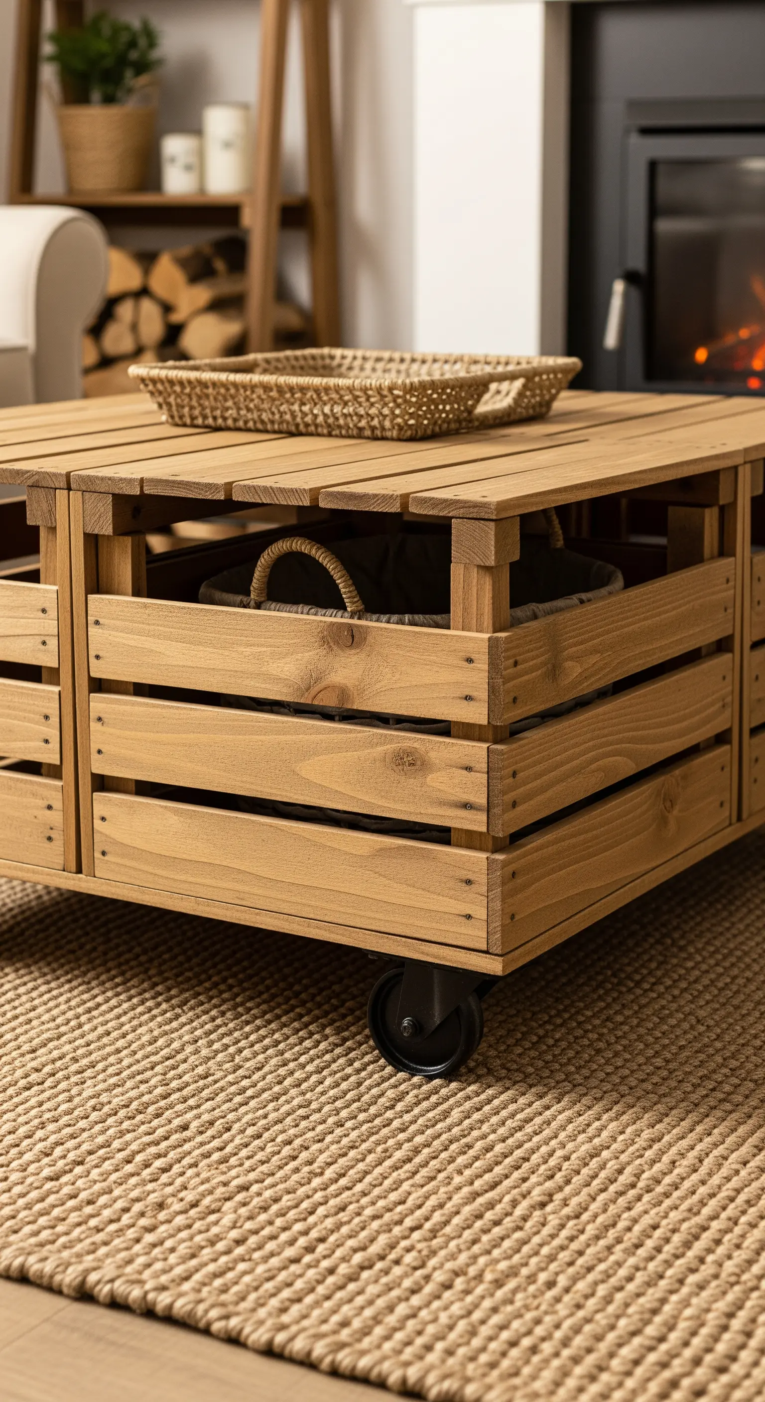 Grande tavolino da salotto in legno naturale su ruote, con ampio spazio contenitore.