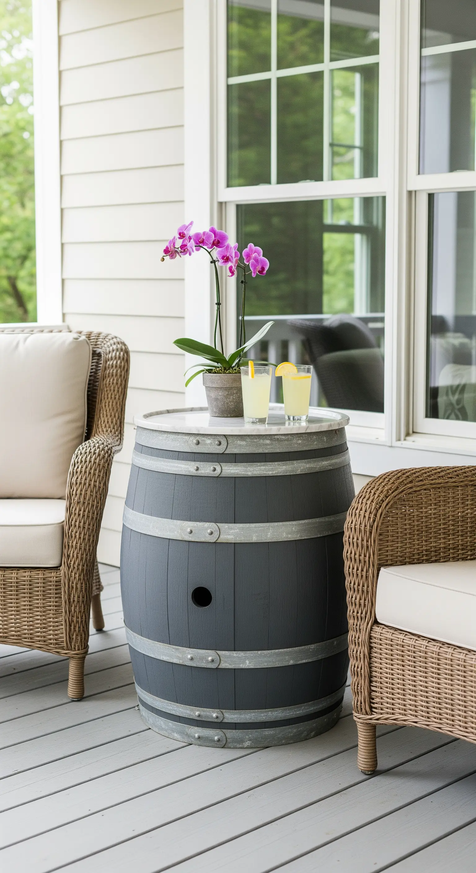 Botte di vino verniciata di grigio e usata come tavolino da esterno in un portico.