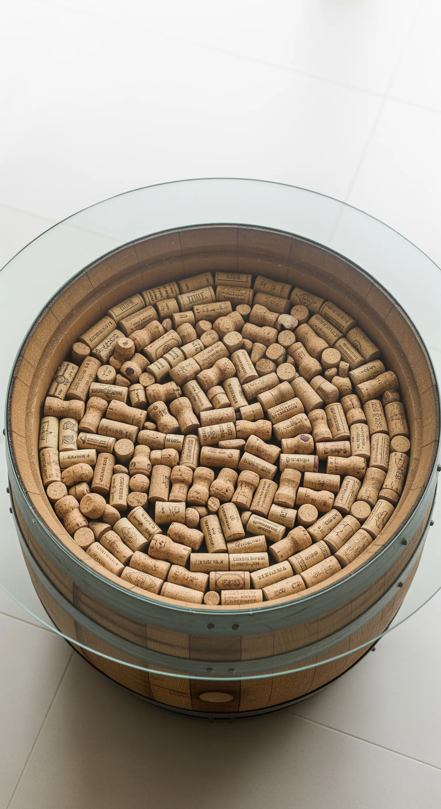 Tavolino da caffè a botte con piano in vetro che mostra una collezione di tappi di sughero.