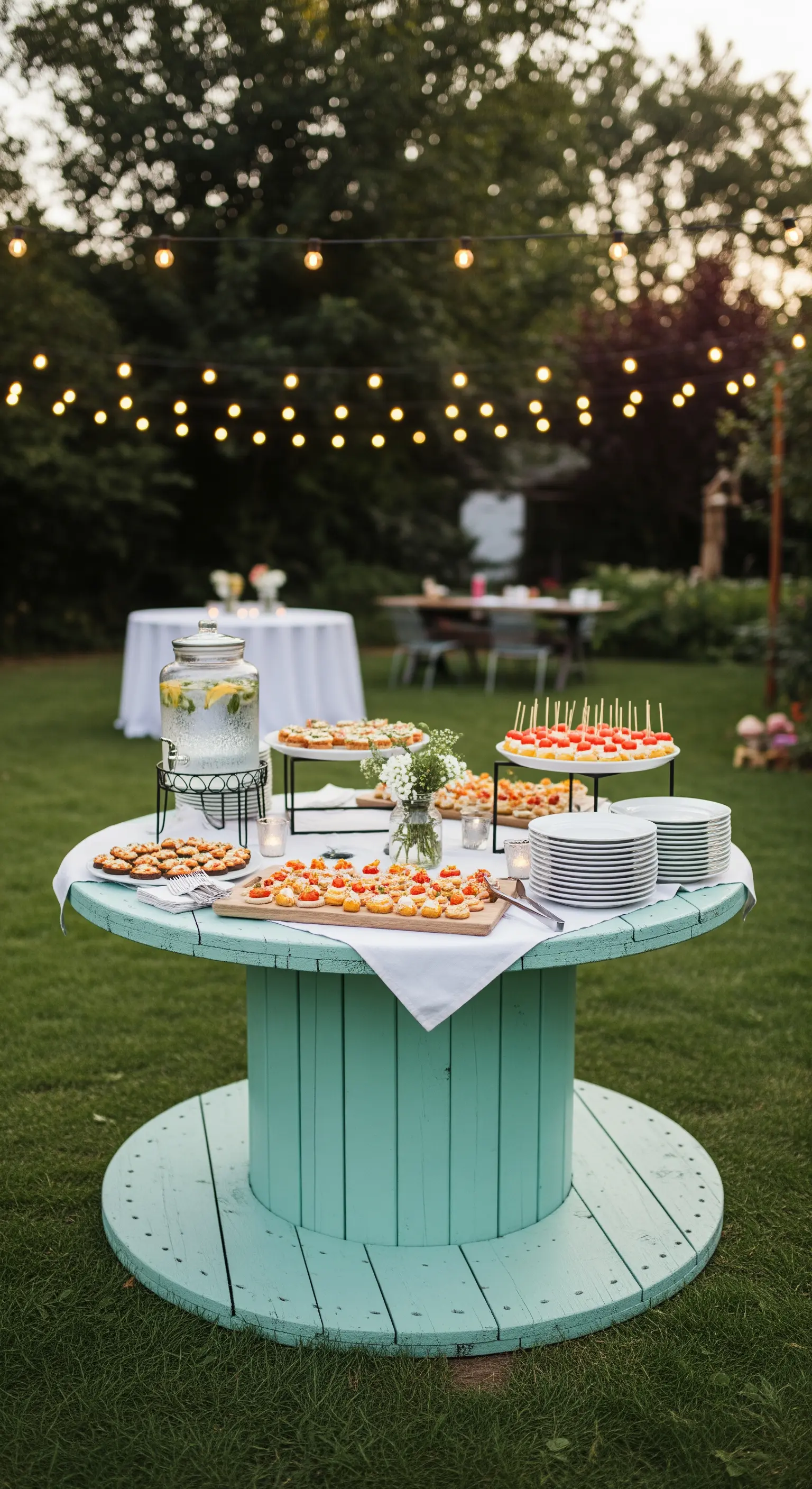 Grande bobina di legno dipinta di verde acqua e usata come tavolo da buffet in un giardino.