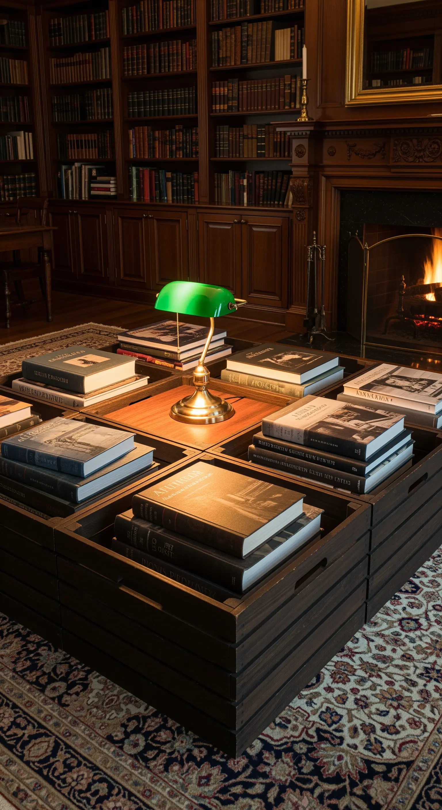 Grande tavolo da caffè composto da nove cassette di legno scuro in una biblioteca classica.